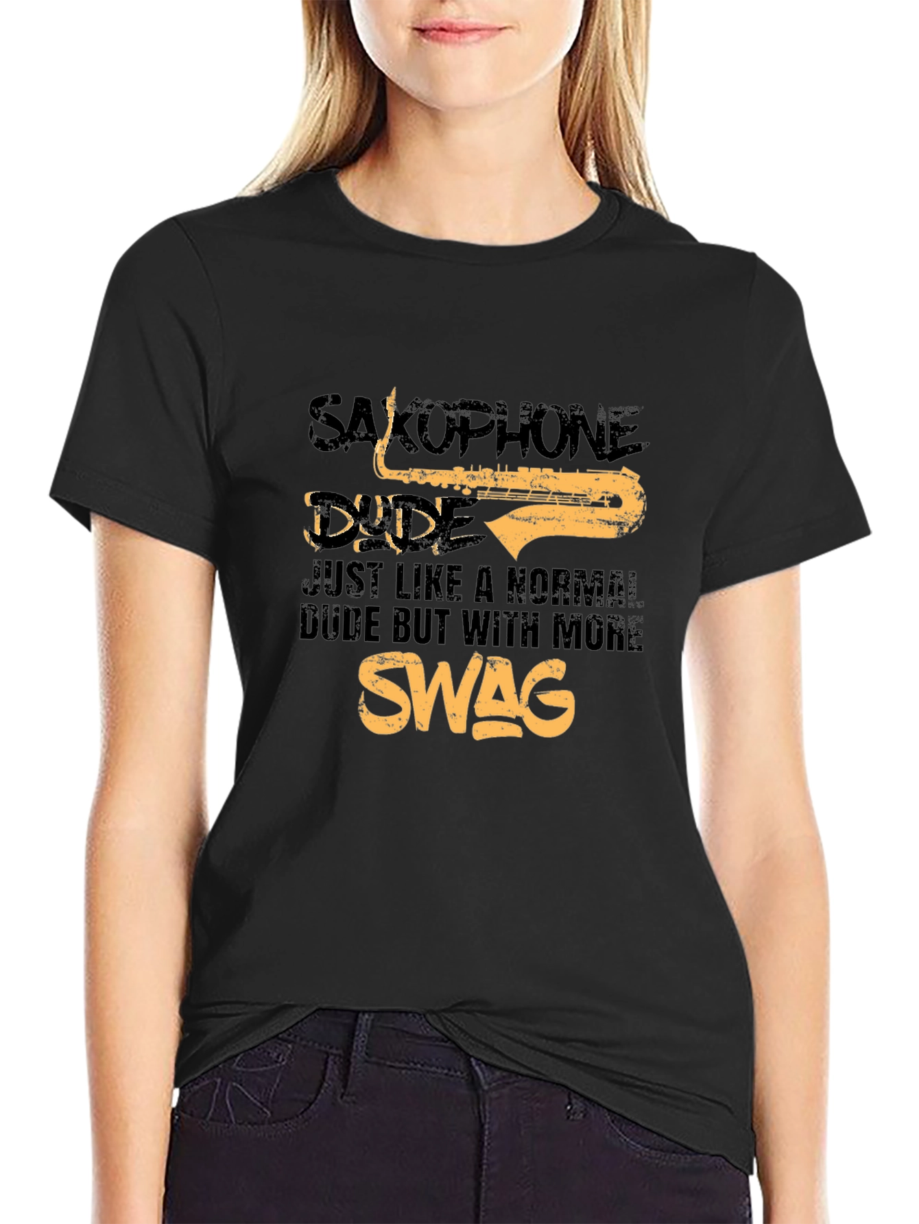 Black Saxophone Dude Swag Graphic T-Shirt view 2