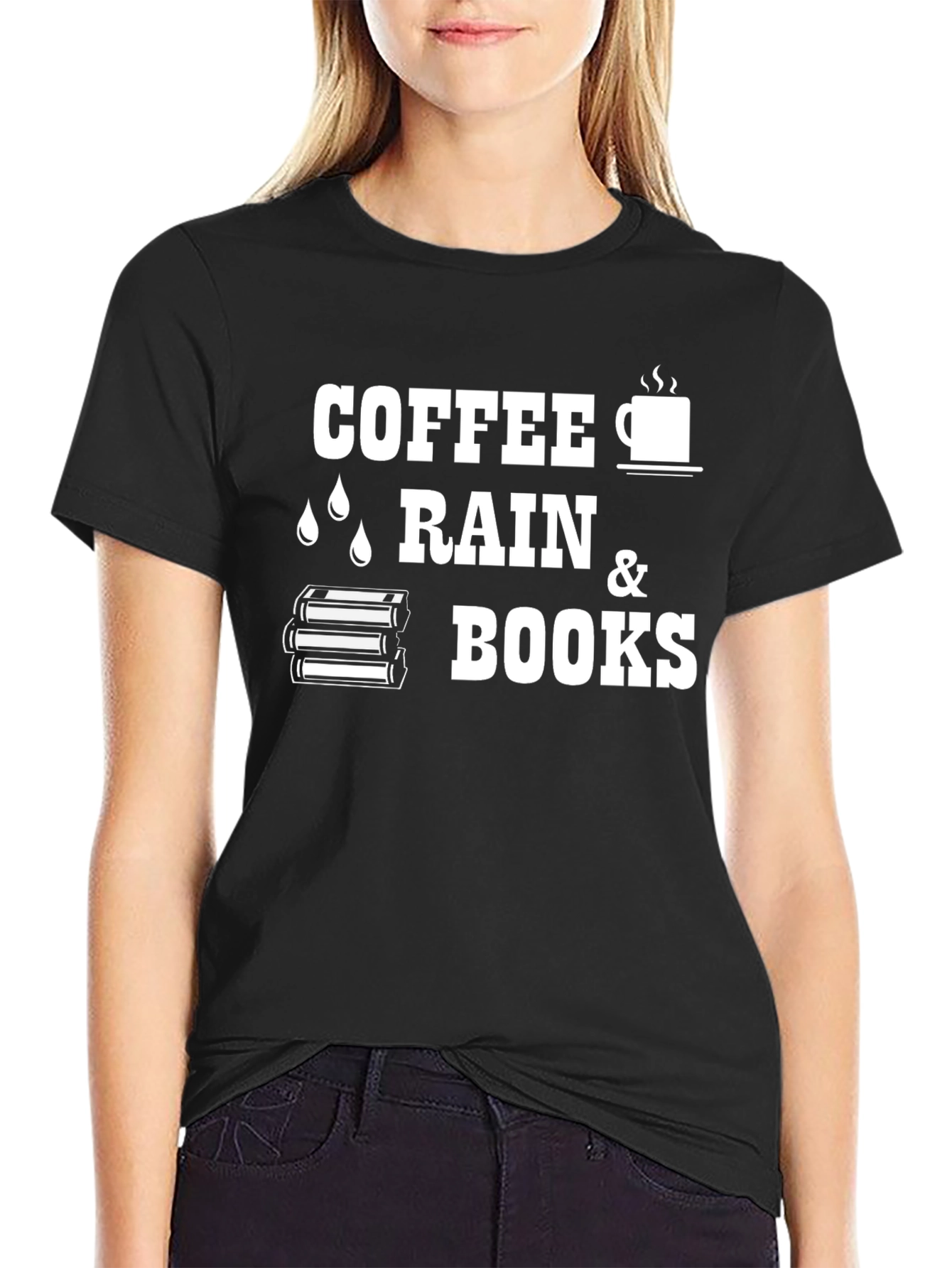 Black Coffee, Rain & Books T-Shirt - Reader's Delight view 2
