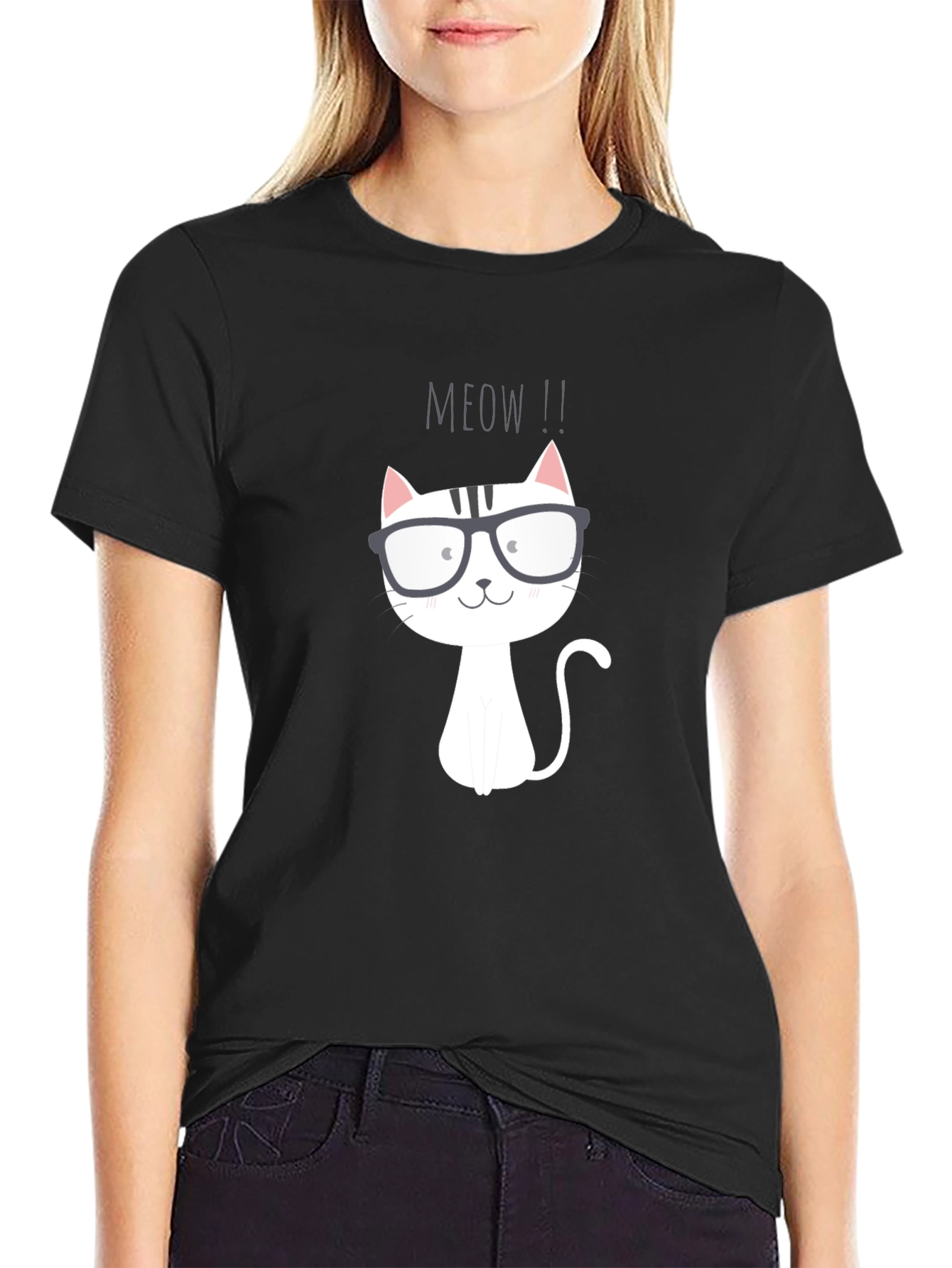 Black Meow Cat T-Shirt - Cute Cartoon Graphic Tee view 2