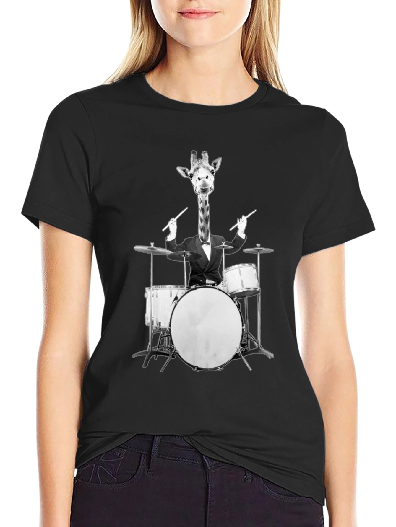 Black Giraffe Drummer Graphic Tee - Cool Novelty T-Shirt view 2