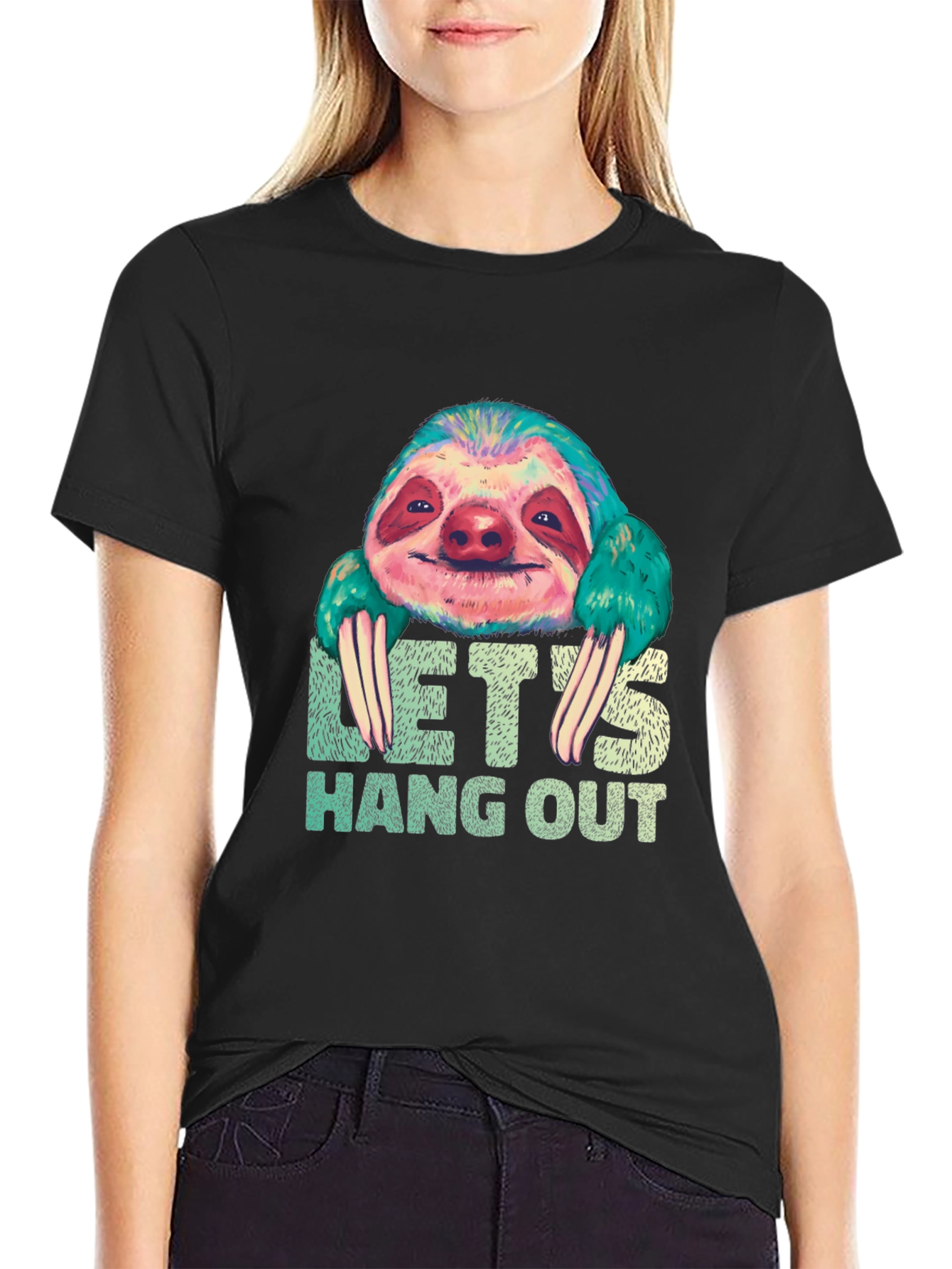 Black Let's Hang Out Sloth Graphic Tee view 2