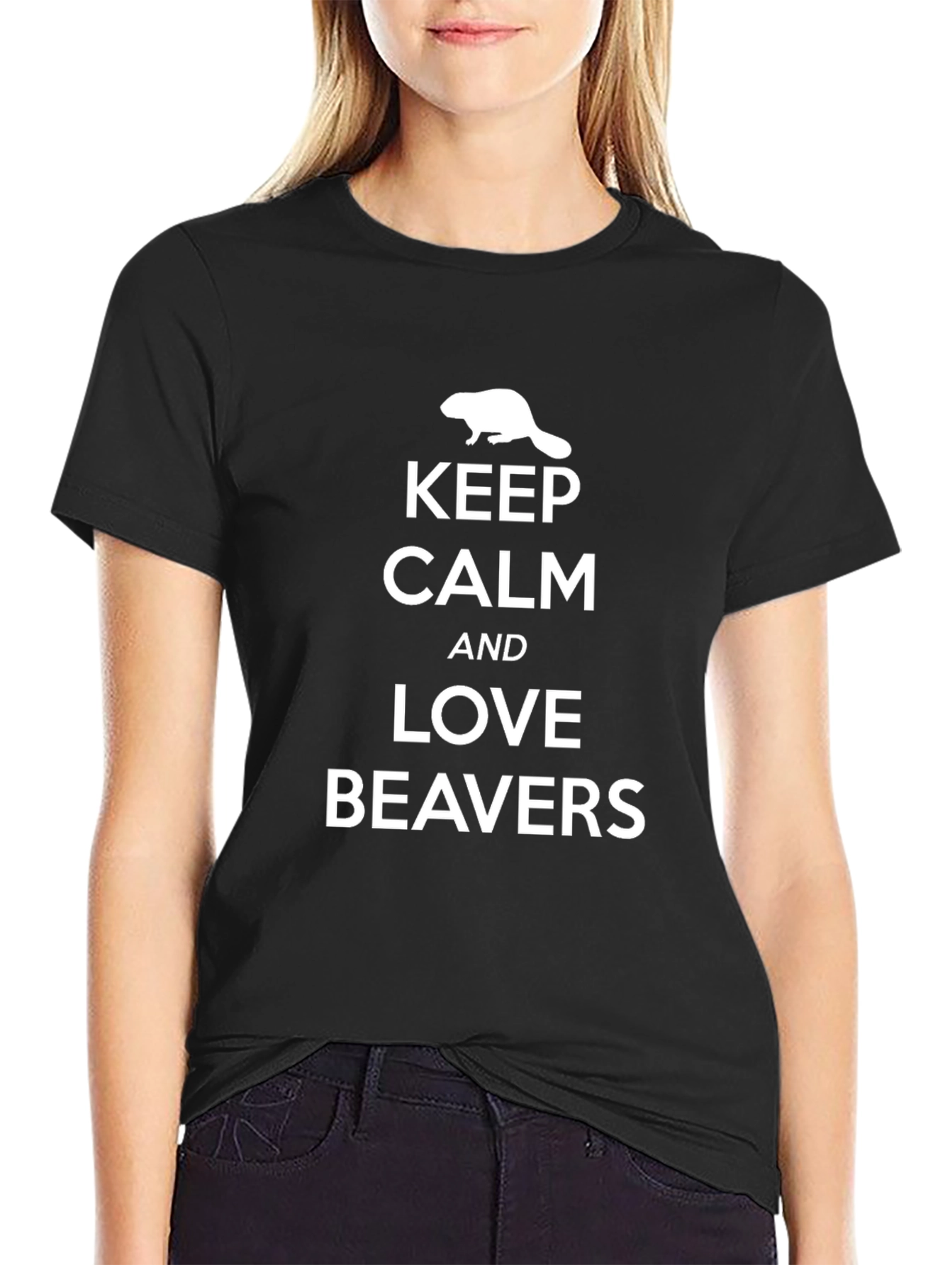 Black Keep Calm & Love Beavers Funny Graphic T-Shirt view 2