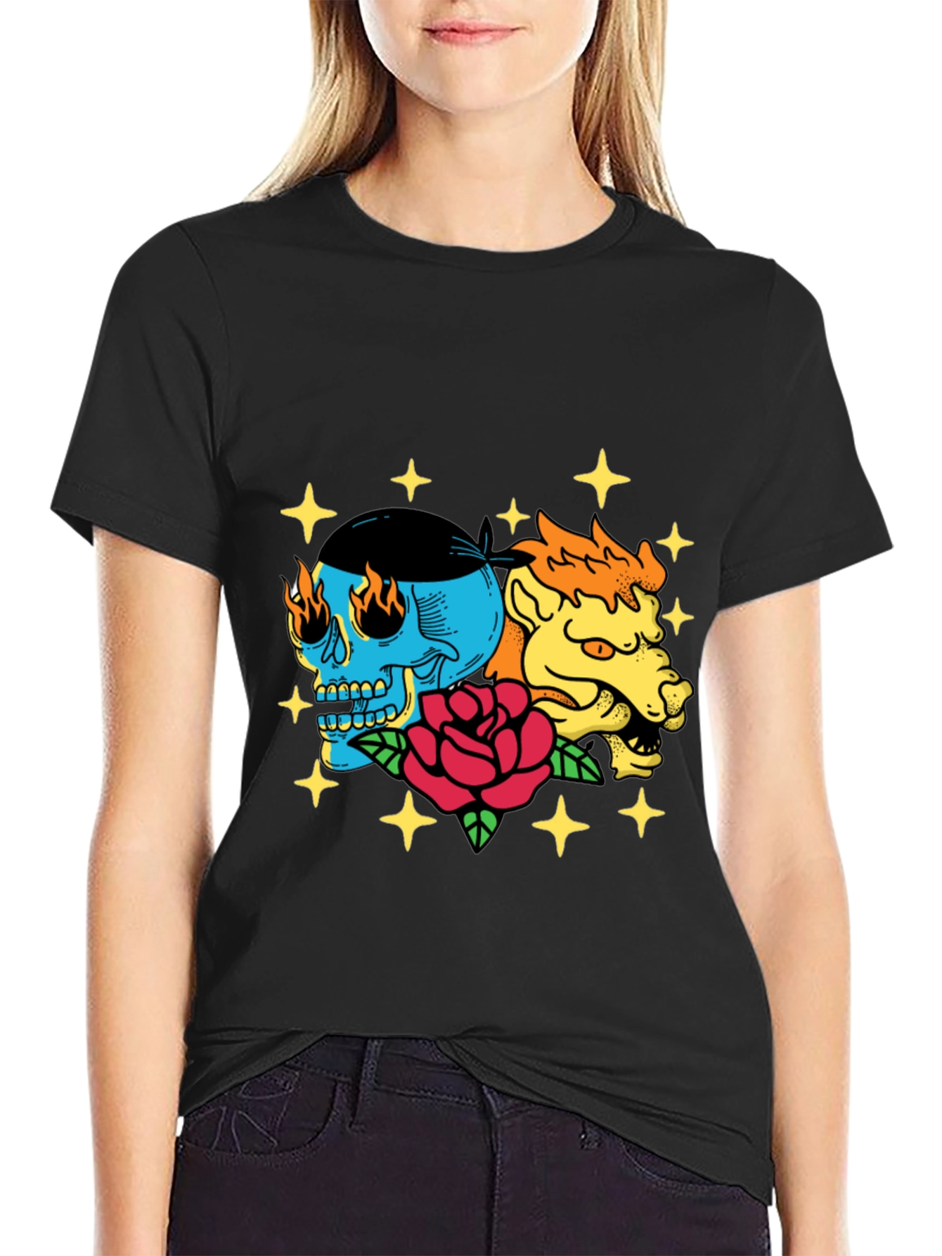 Black Skull & Beast Graphic Tee - Black Cotton T-Shirt view 2