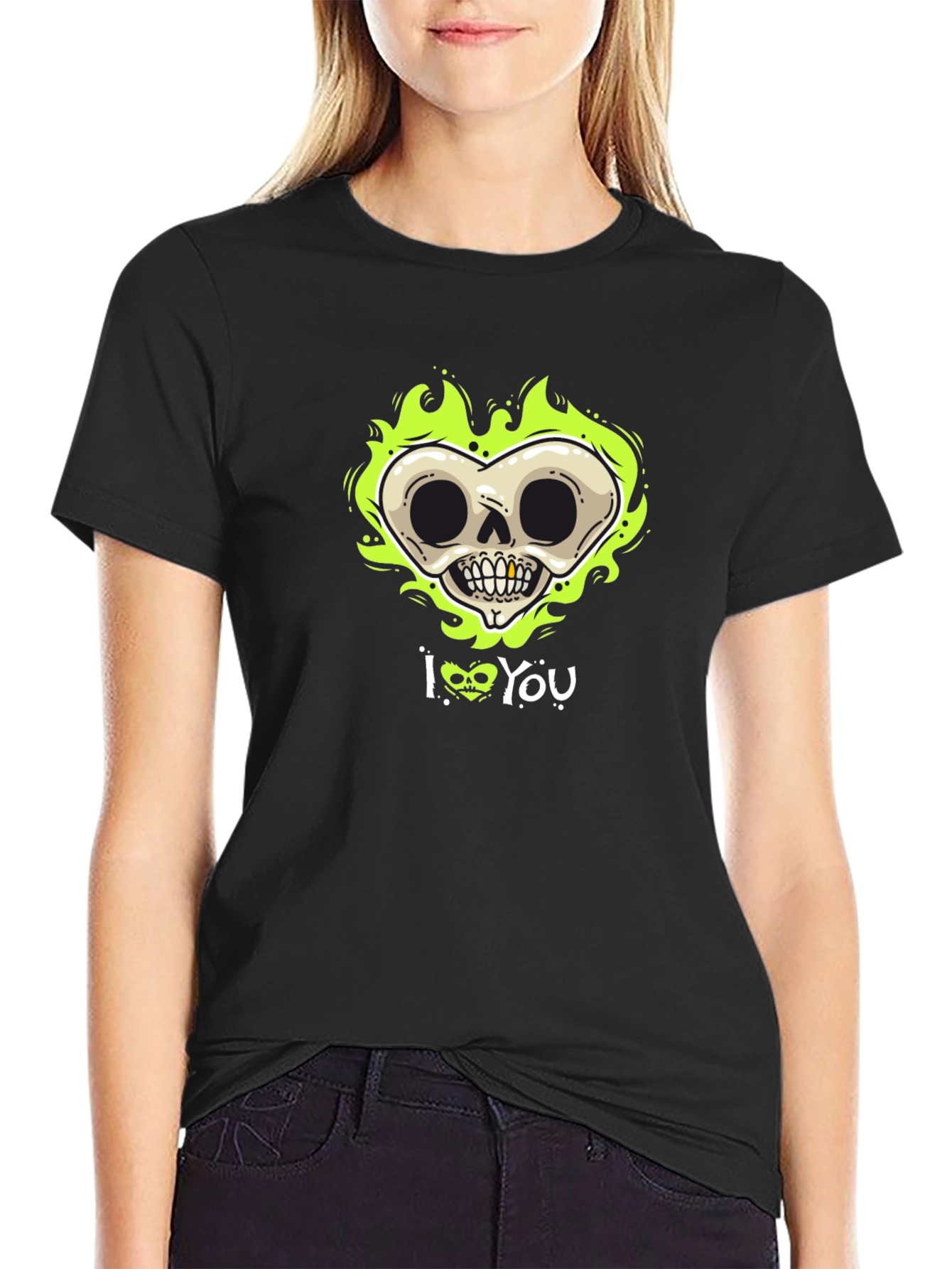 Black Skull Heart I Love You Graphic Black T-Shirt view 2