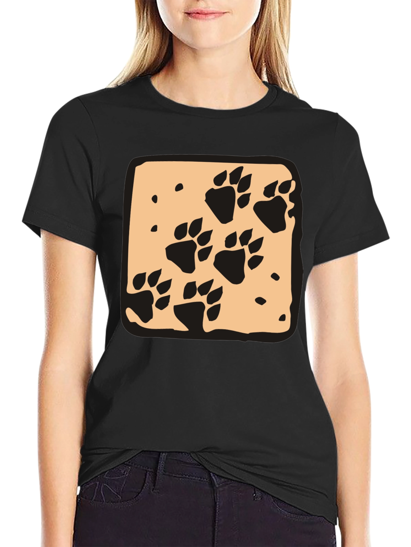 Black Paw Print Graphic Tee - Black Crew Neck Casual T-Shirt view 2