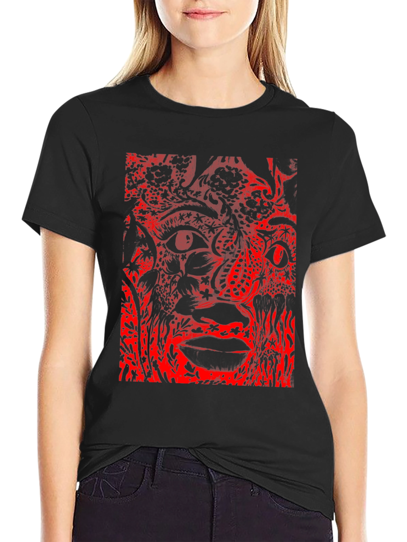 Black Abstract Red Print Black T-Shirt view 2