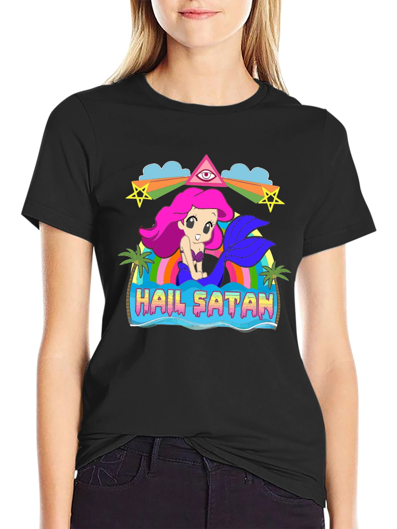 Black Hail Satan Mermaid Graphic T-Shirt view 2