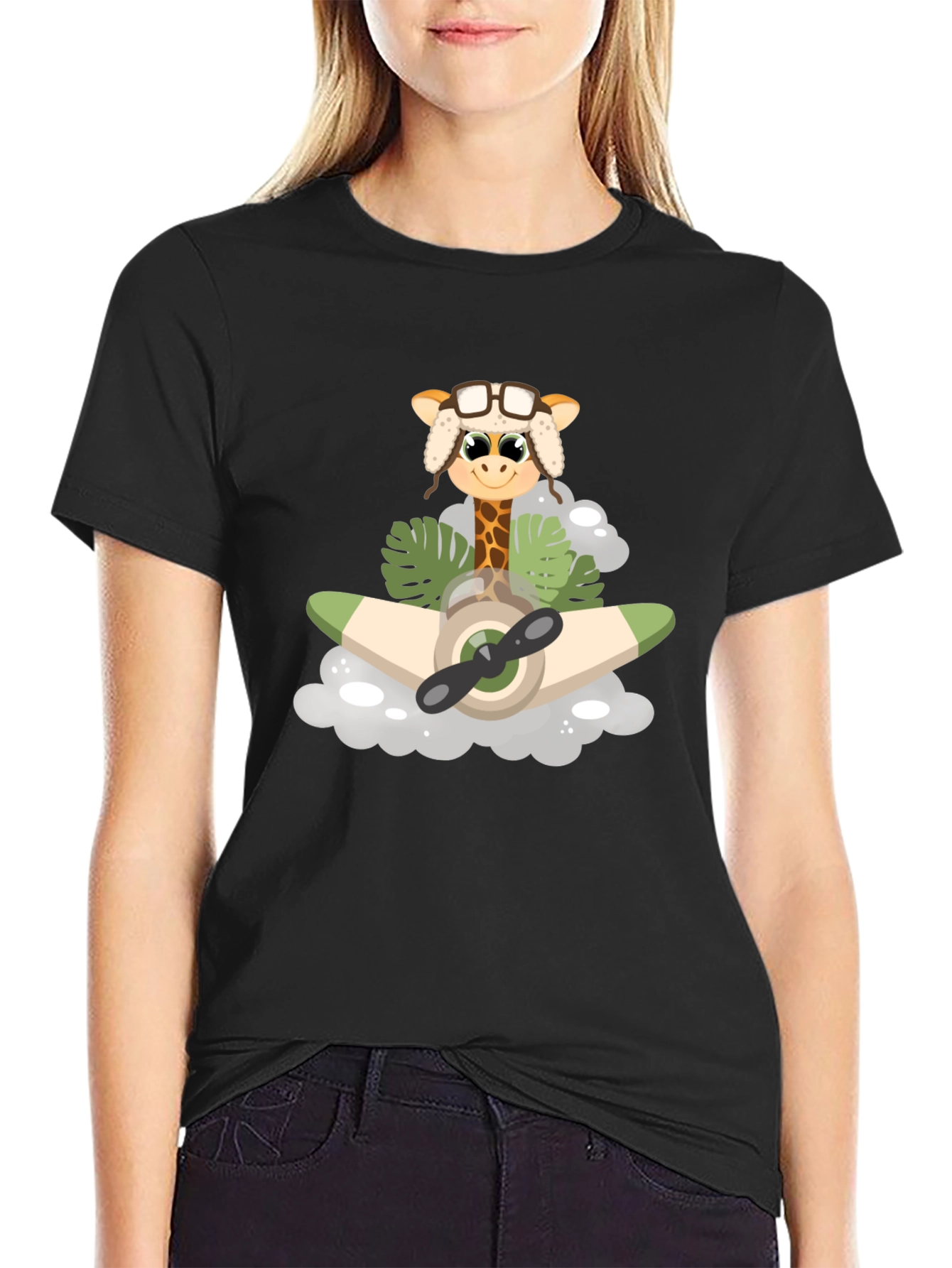 Black Giraffe Aviator T-Shirt: Cute Cartoon Plane Design view 2