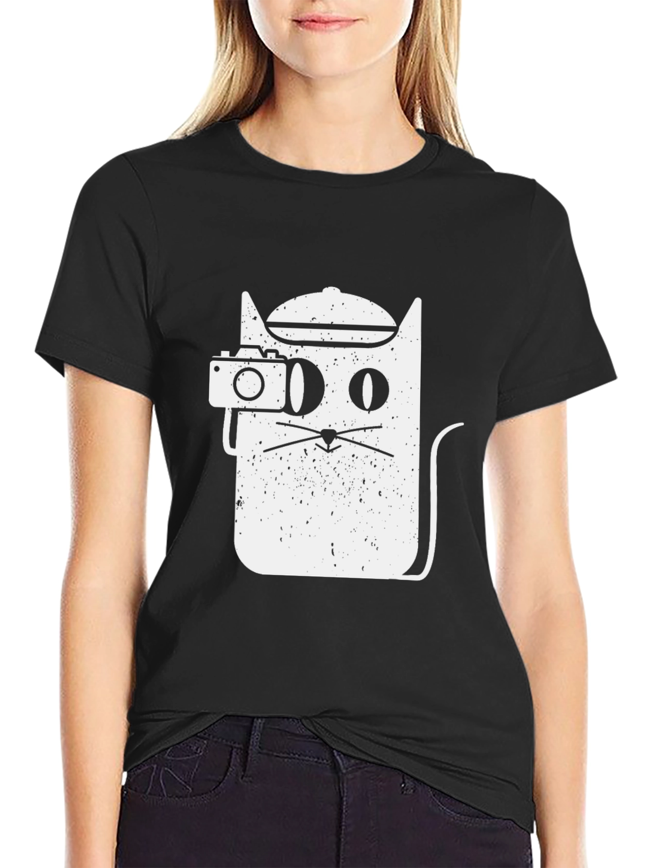 Black Cool Cat Photographer Graphic Tee - Unisex Black T-Shirt view 2