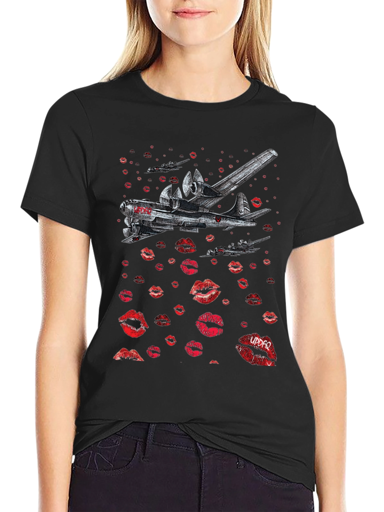 Black Bomber Plane Lips Print Graphic Tee - Unique Design view 2