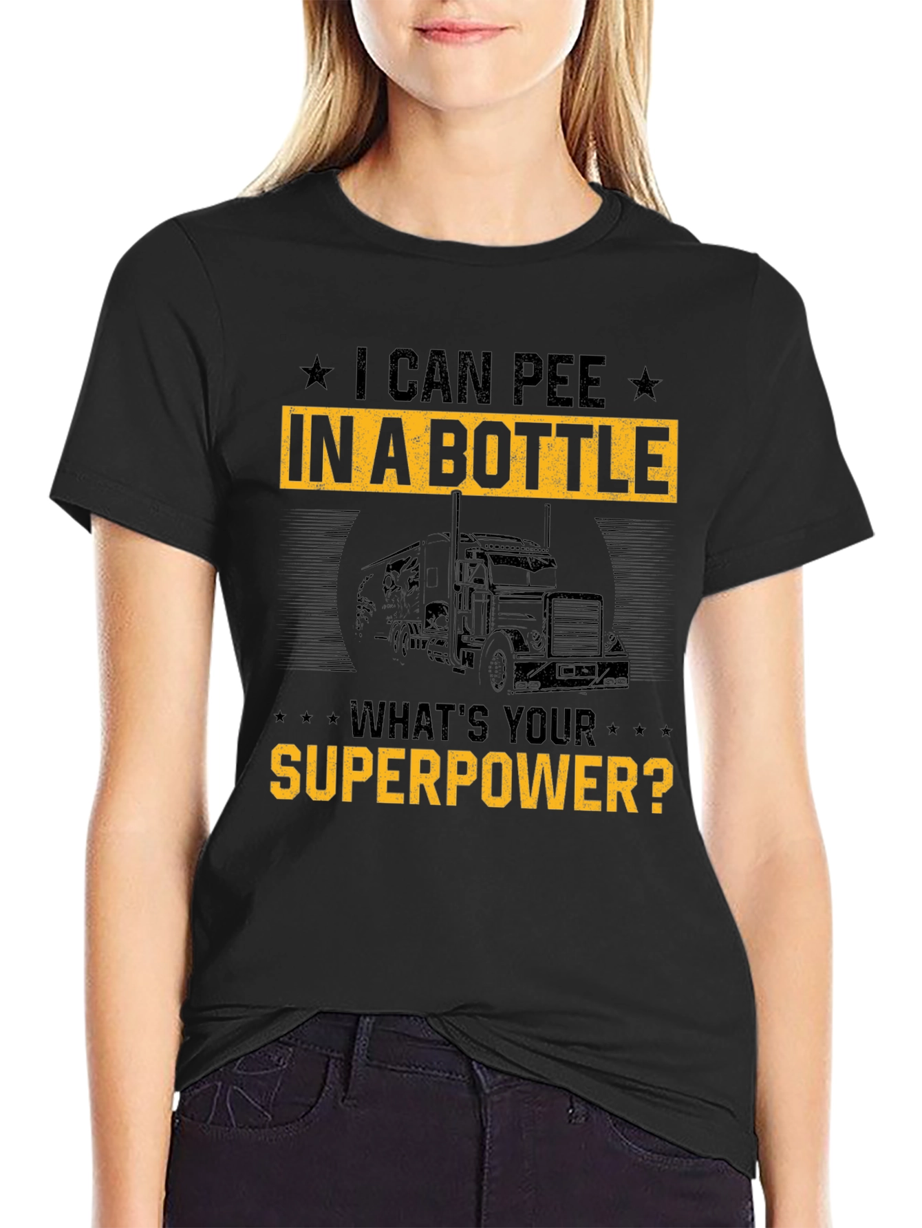 Black I Can Pee In A Bottle Funny Trucker T-Shirt view 2