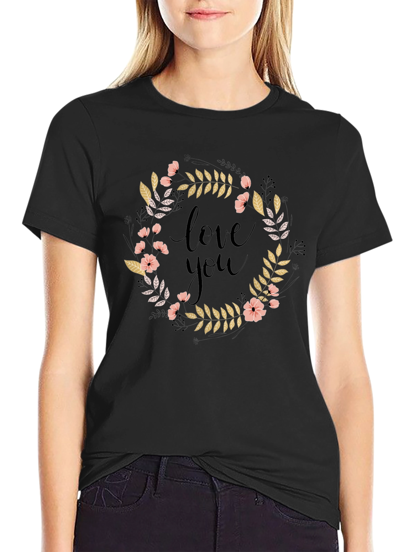 Black Love You Floral Wreath Graphic Tee view 2