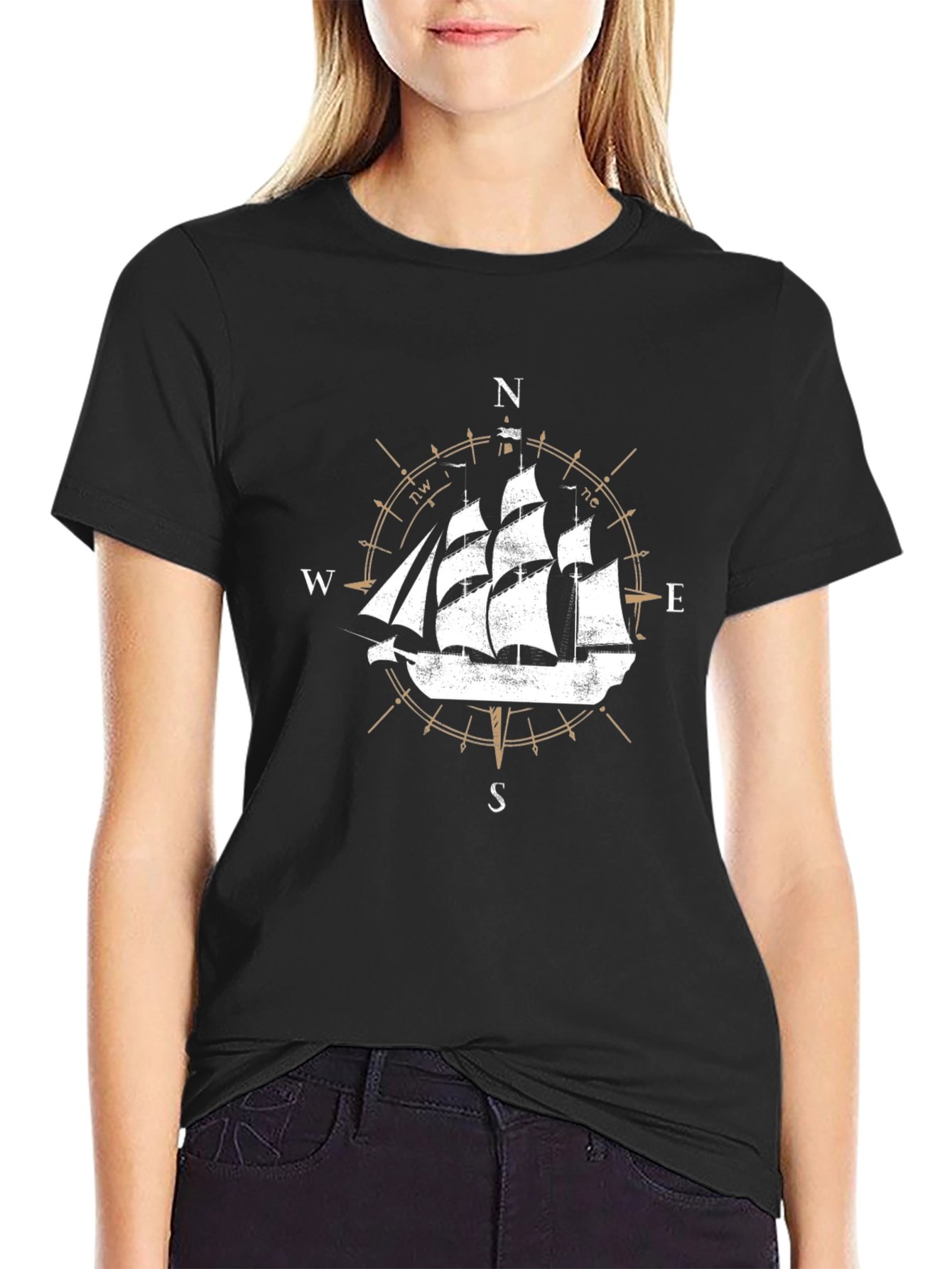 Black Nautical Compass Ship Graphic Tee view 2