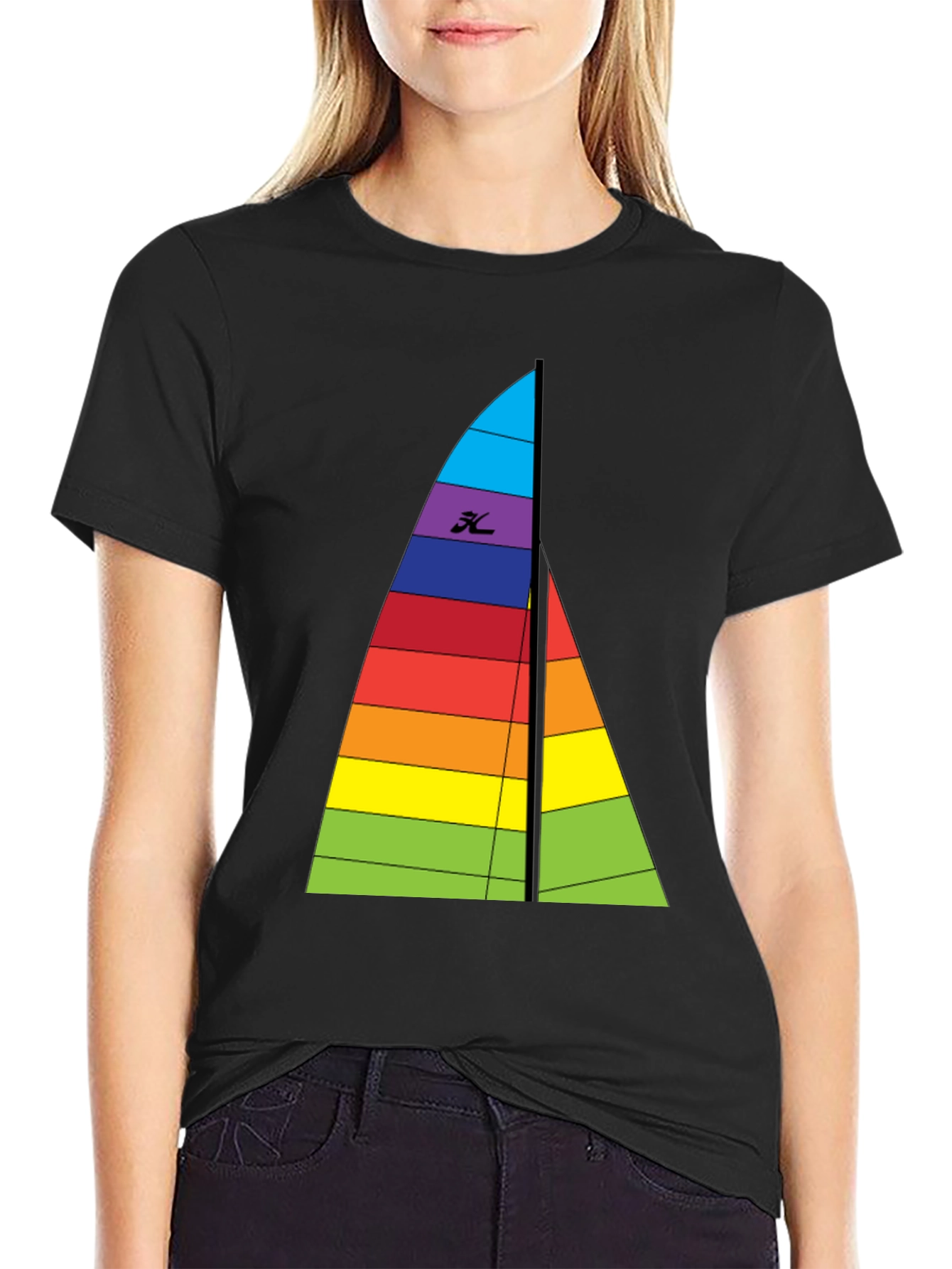 Black Rainbow Sailboat Graphic Tee - Black Cotton T-Shirt view 2