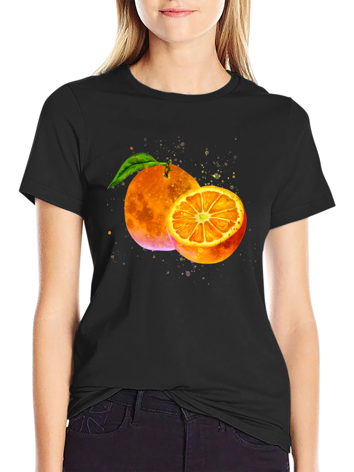 Black Orange Graphic Print Black T-Shirt view 2