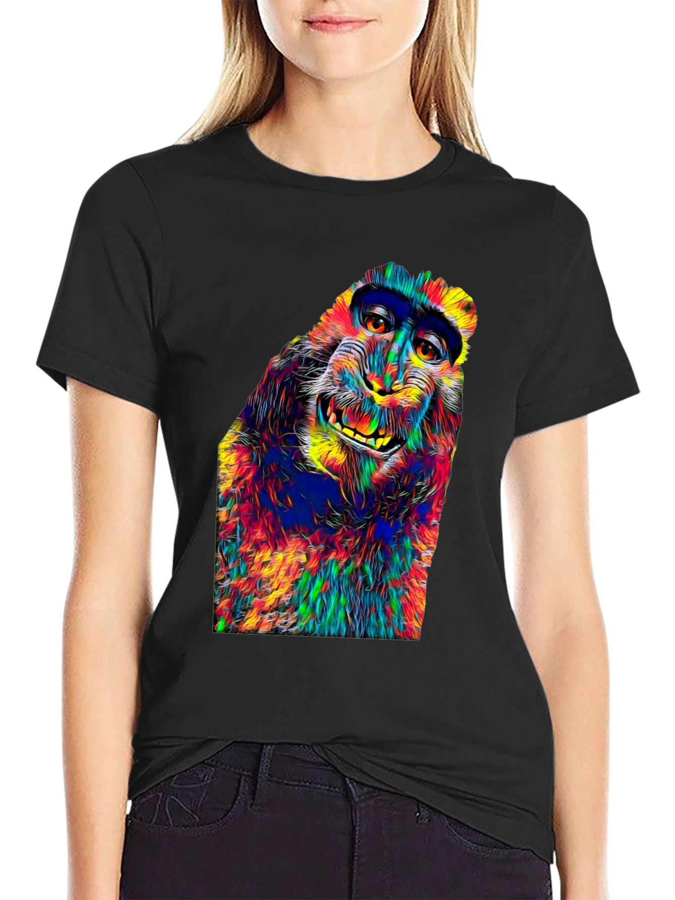 Black Vibrant Monkey Graphic T-Shirt - Unique Colorful Design view 2