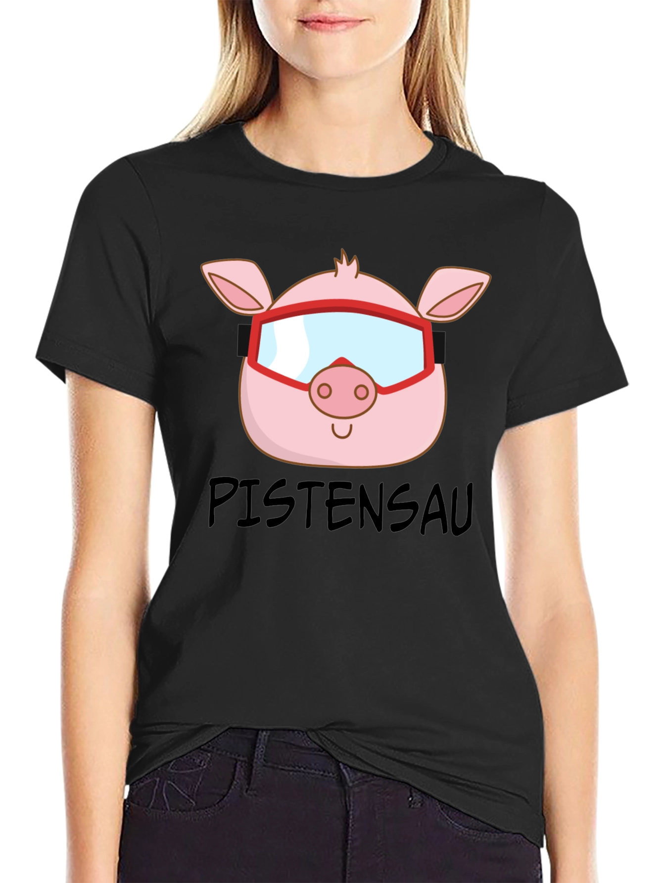 Black Ski Pig T-Shirt - PISTENSAU Funny Skiing Design view 2