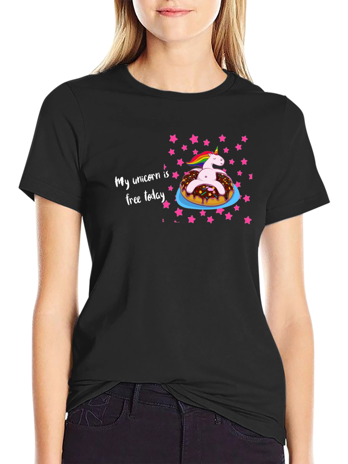 Black Unicorn Donut T-Shirt - My Unicorn is Free Today view 2