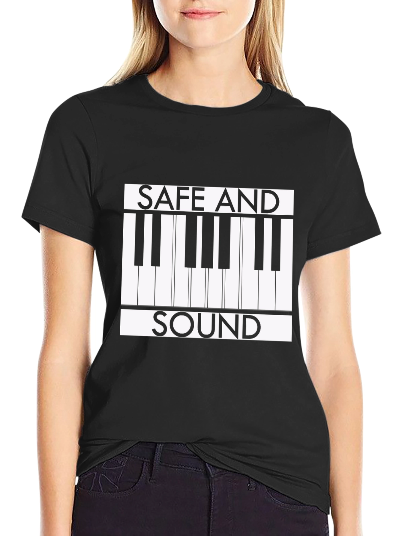 Black Safe and Sound Piano Keys Graphic Tee view 2