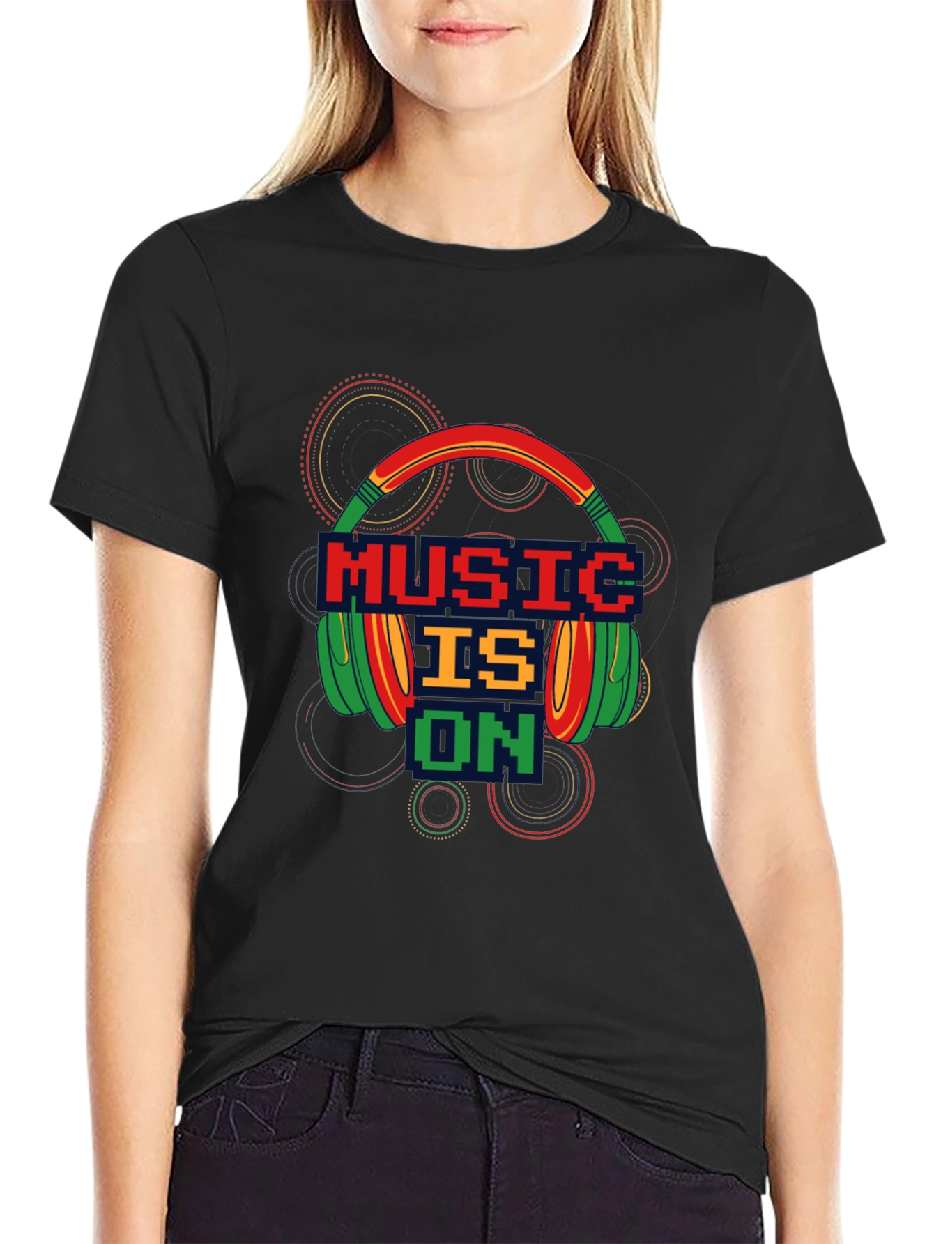 Black Music is On T-Shirt - Pixel Headphones Design view 2
