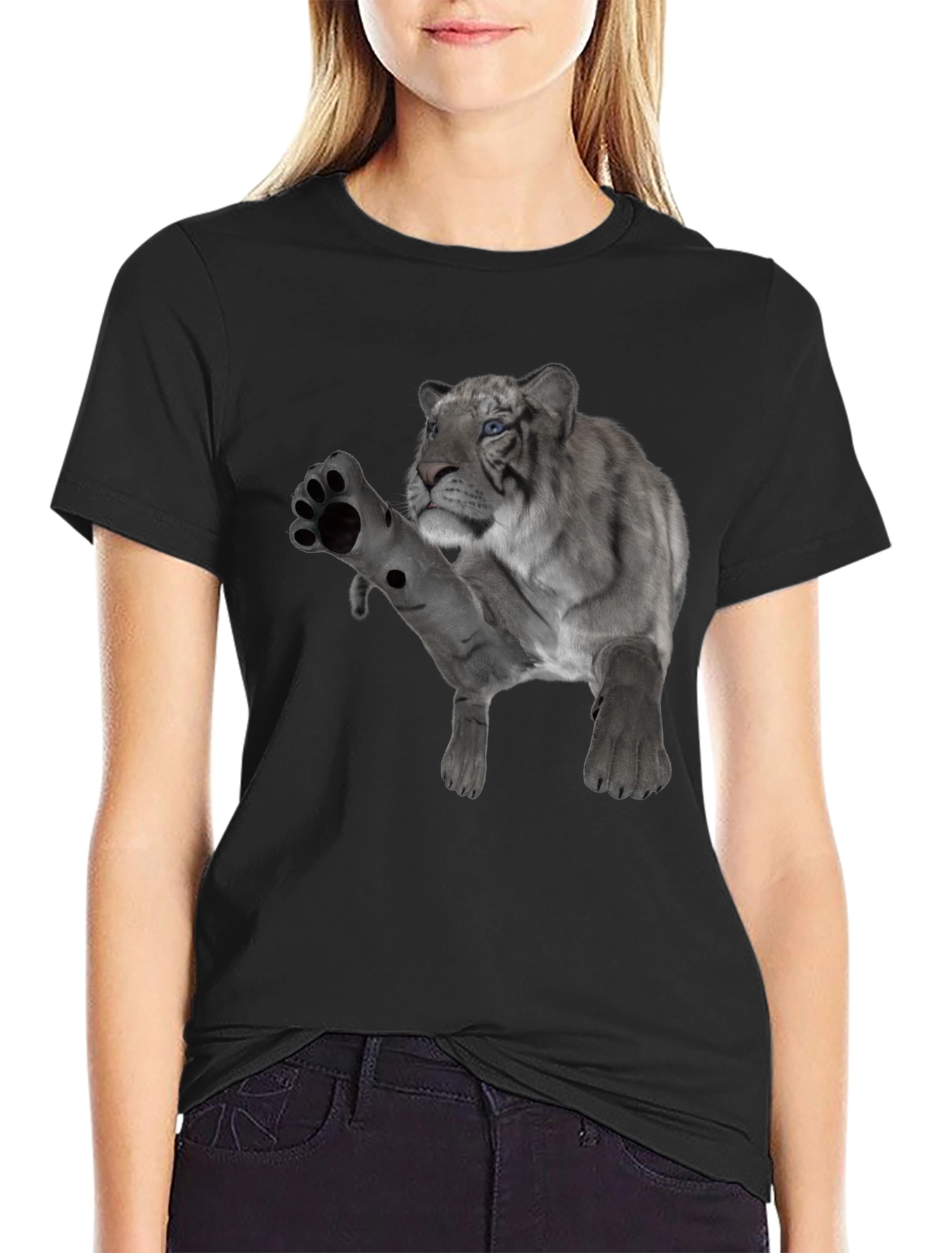 Black Men's Black T-Shirt with White Tiger Graphic view 2