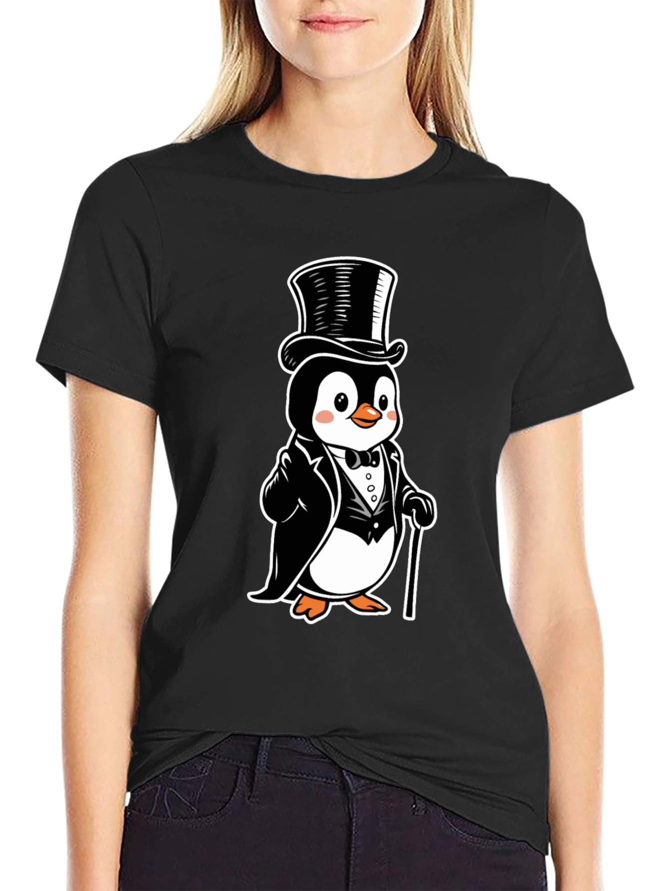 Black Penguin Tuxedo T-Shirt - Cartoon Style view 2