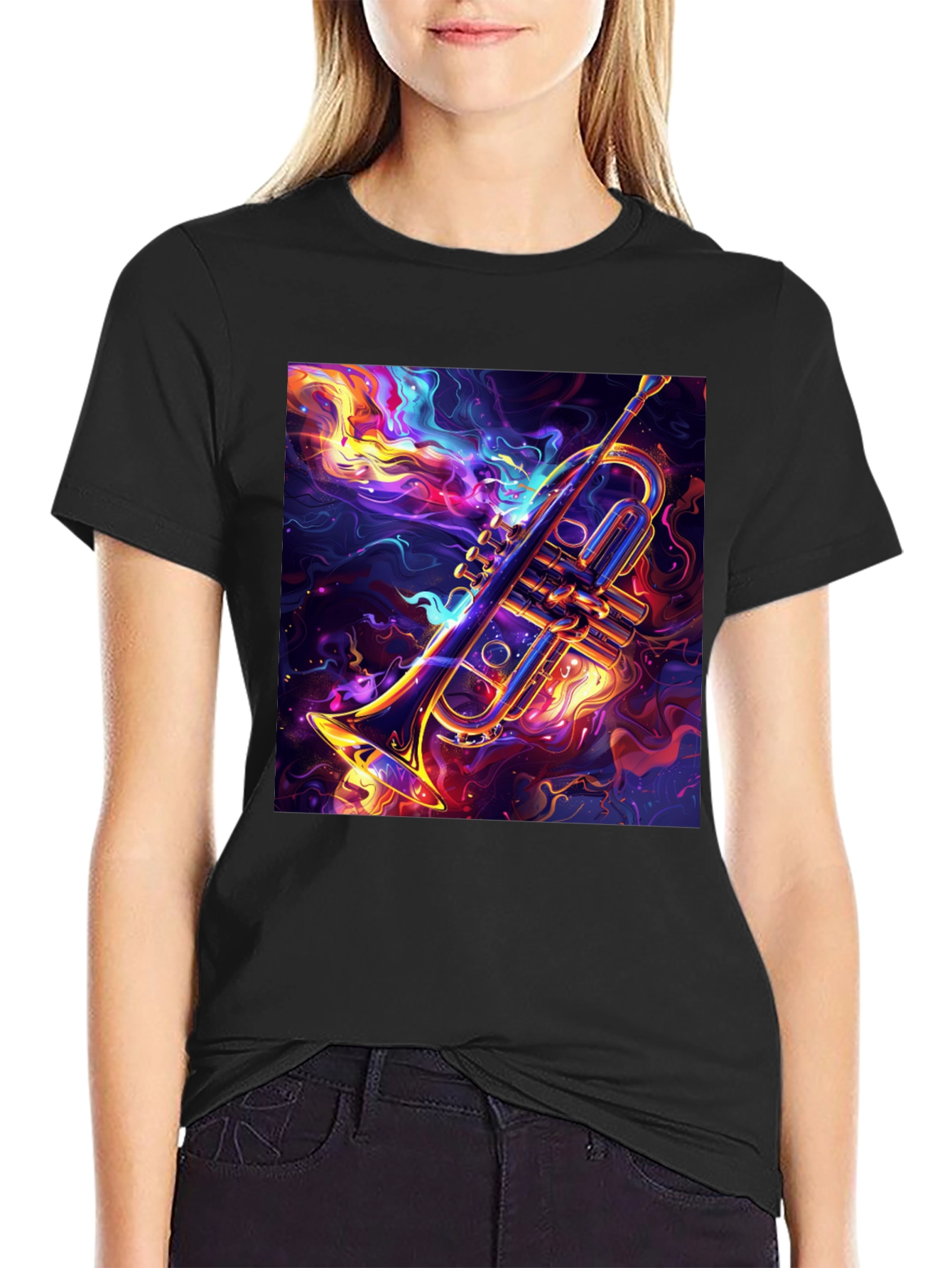 Black Trumpet Graphic Black T-Shirt: Artistic Music Lover Tee view 2