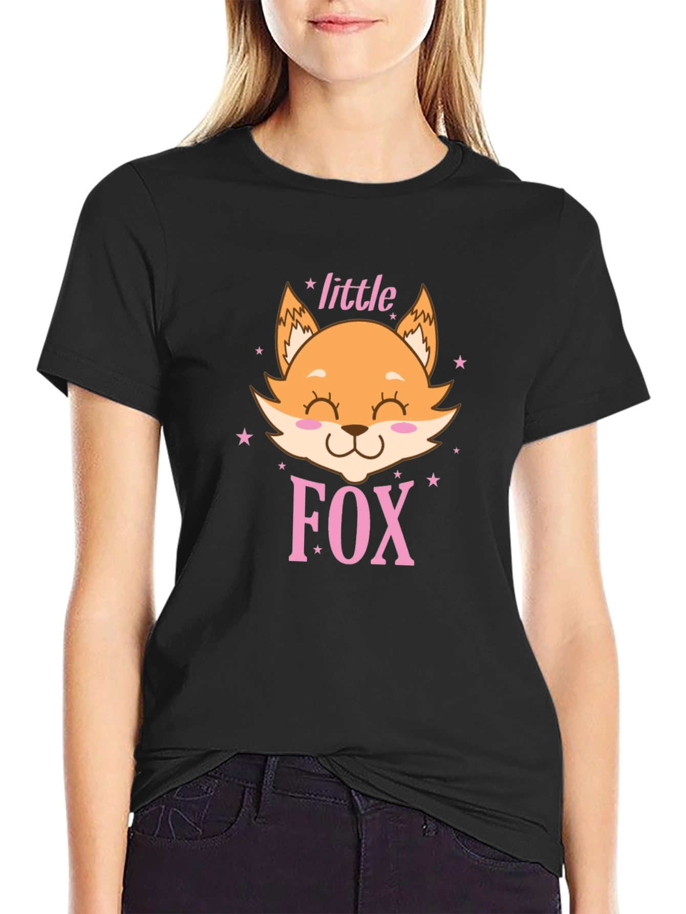 Black Cute Little Fox Graphic Tee - Unisex Black Shirt view 2