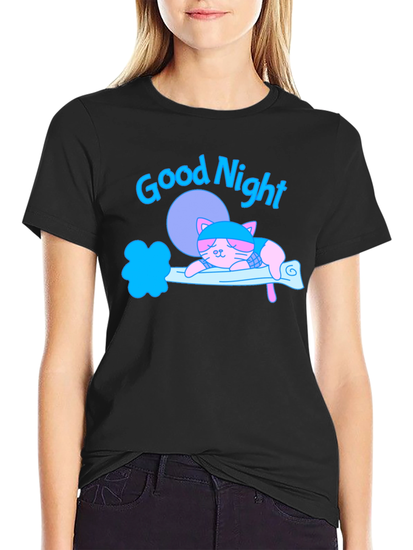 Black Good Night Cat T-Shirt view 2