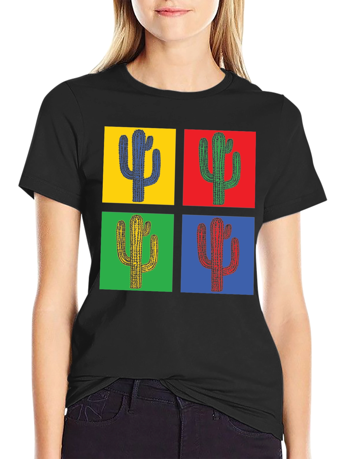 Black Pop Art Cactus Tee - Stylish Graphic T-Shirt view 2