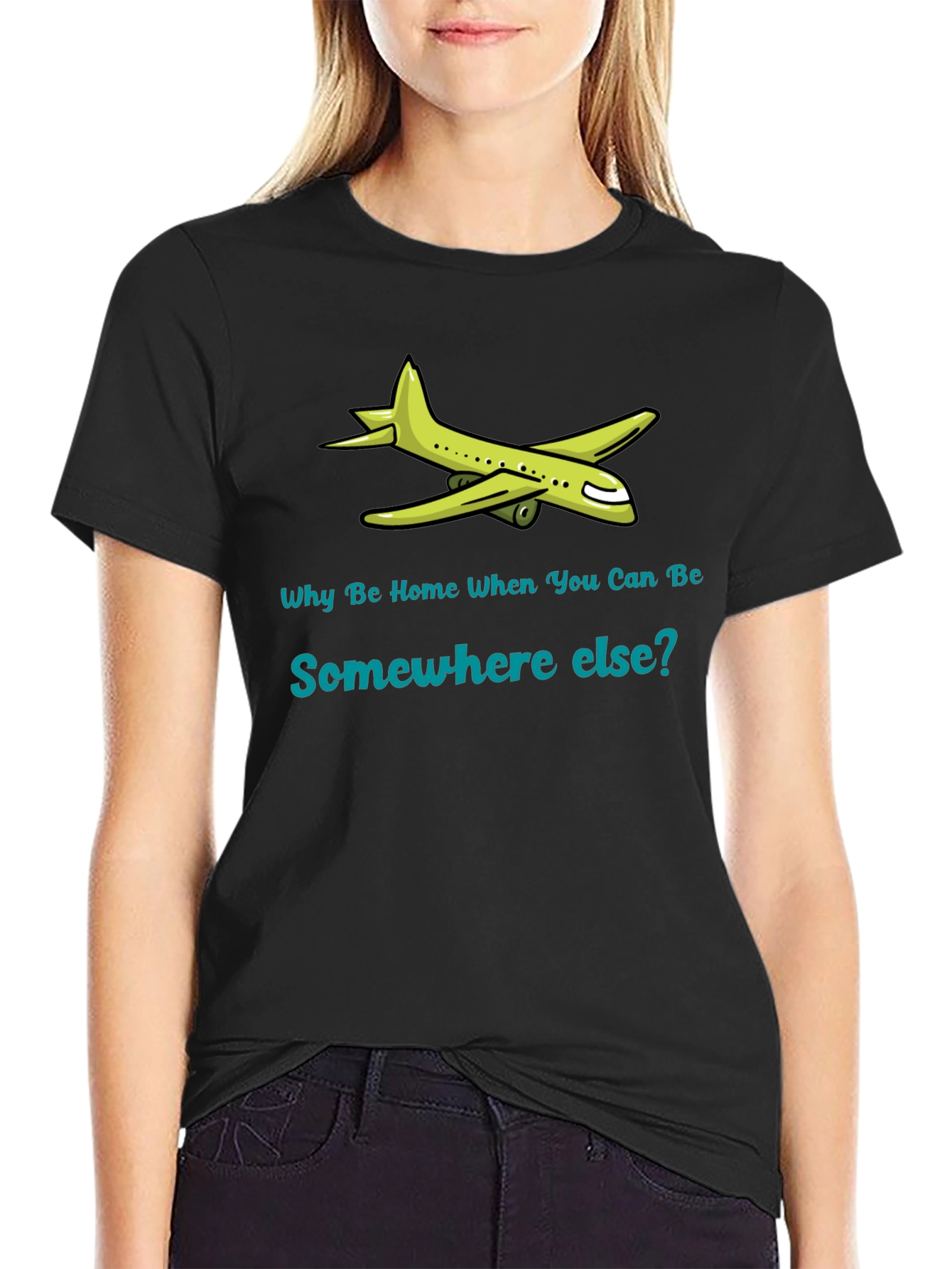 Black Travel T-Shirt: Why Be Home? Airplane Graphic Tee view 2