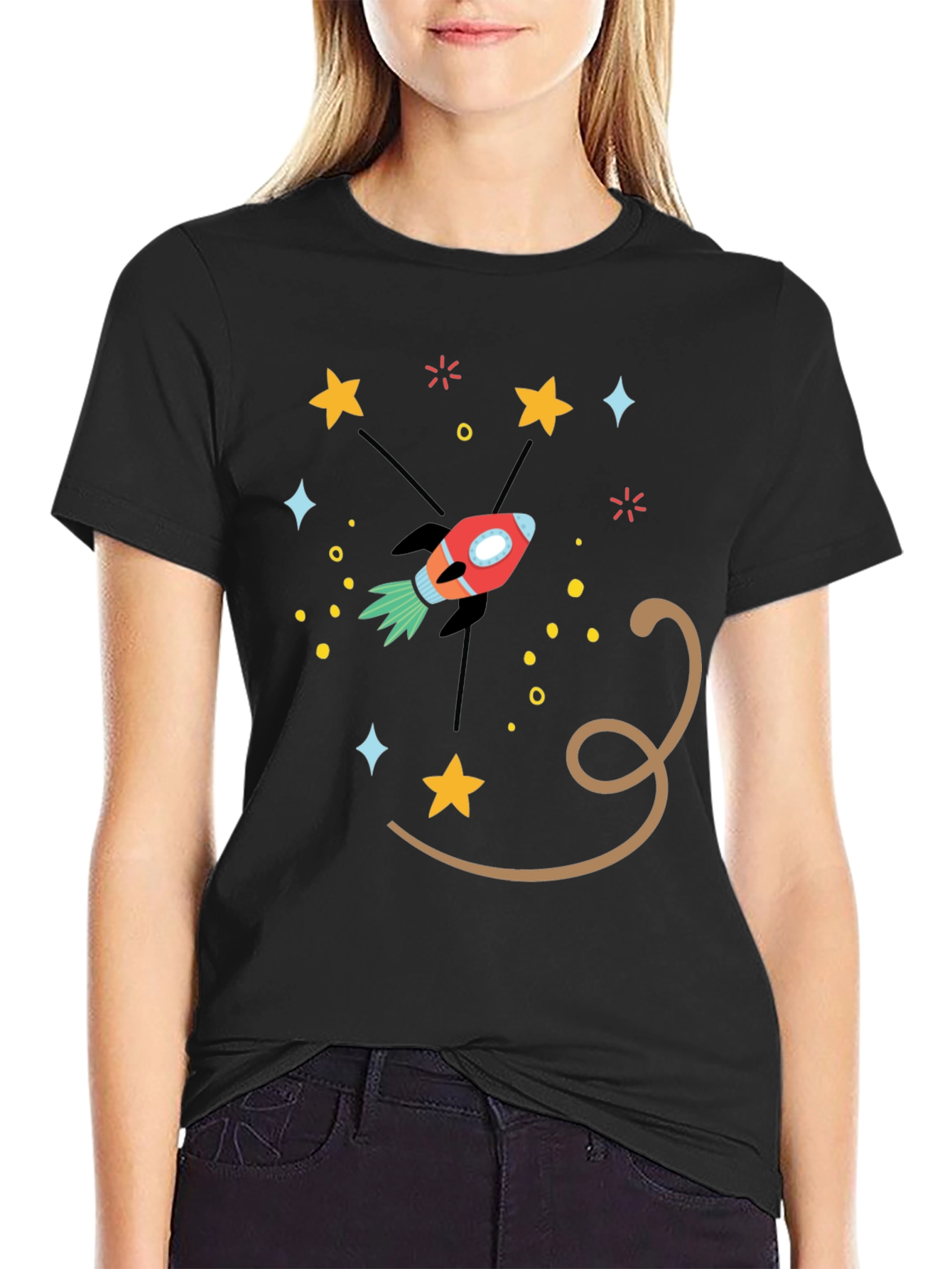 Black Space Rocket Graphic Tee - Black Cotton Blend T-Shirt view 2