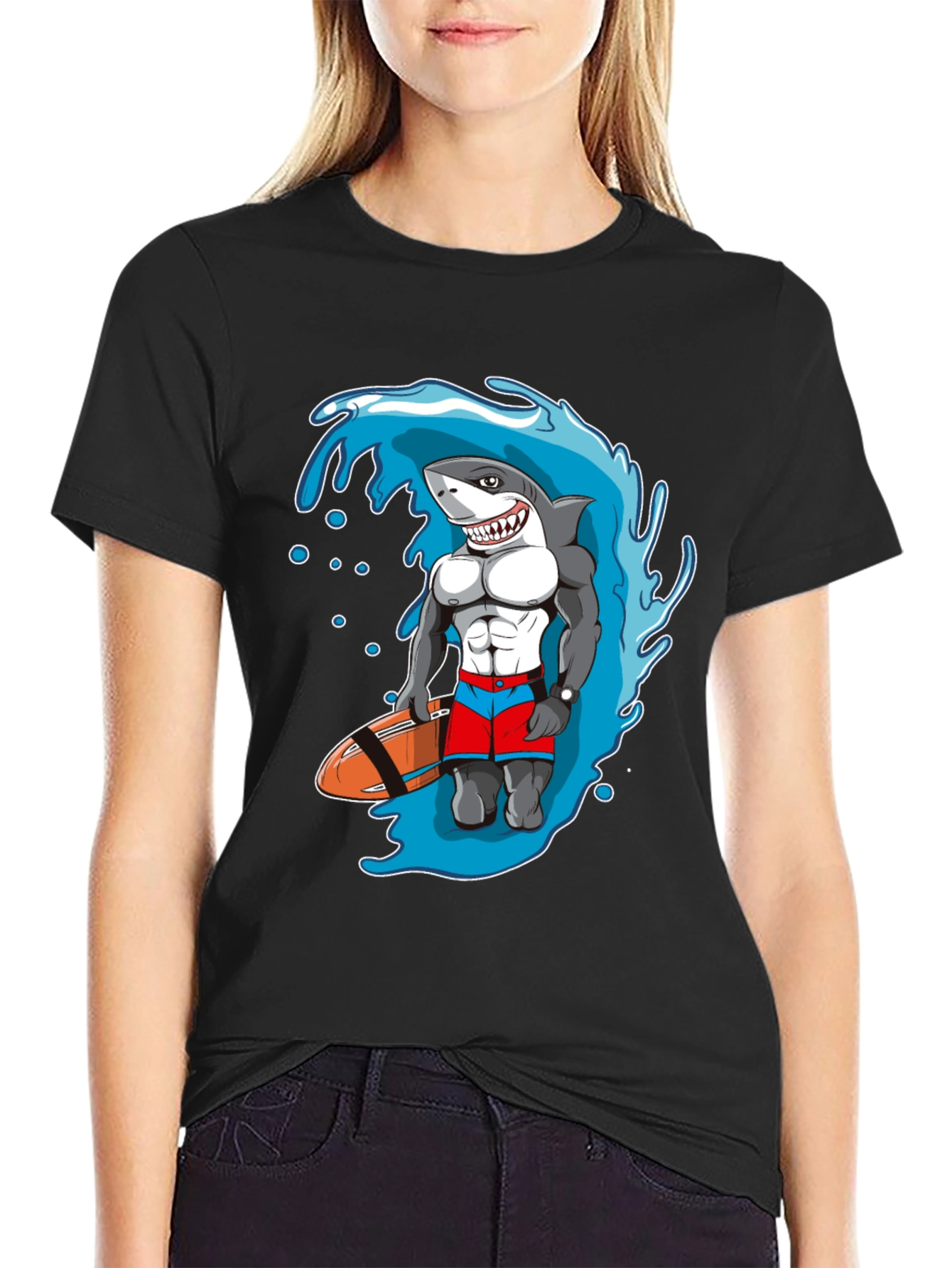 Black Shark Lifeguard Black T-Shirt, Funny Cartoon Design view 2