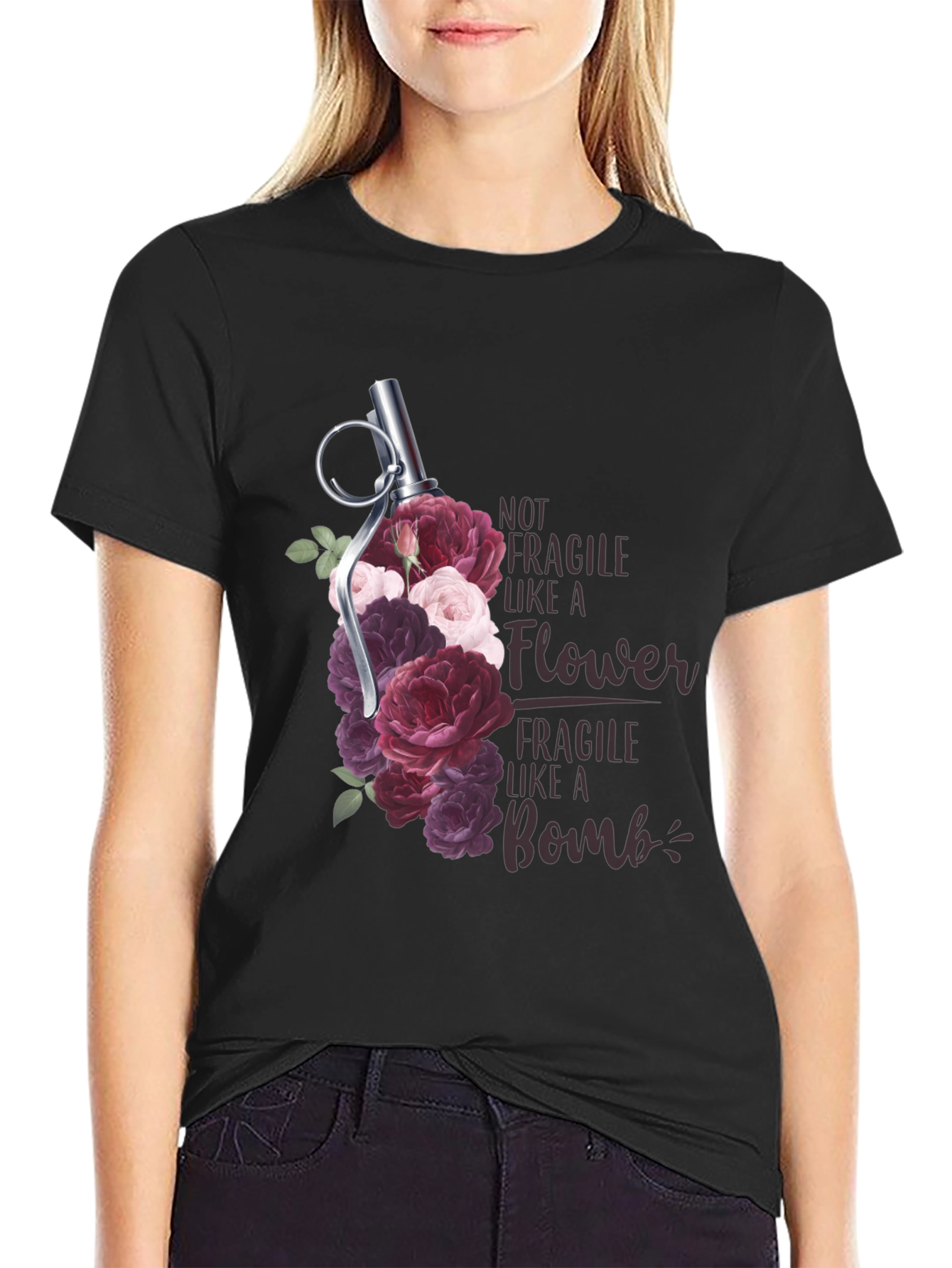 Black Floral Grenade T-Shirt - Not Fragile Bomb Tee view 2