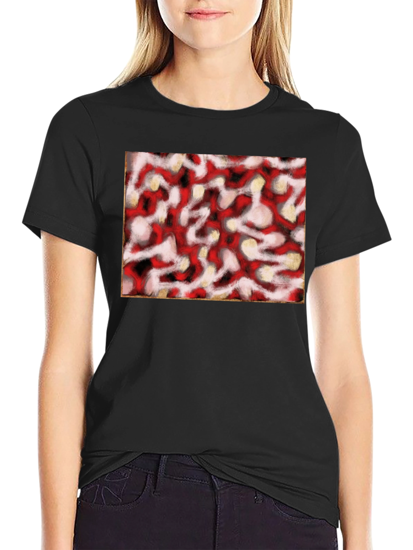 Black Abstract Red & White Pattern Black T-Shirt view 2