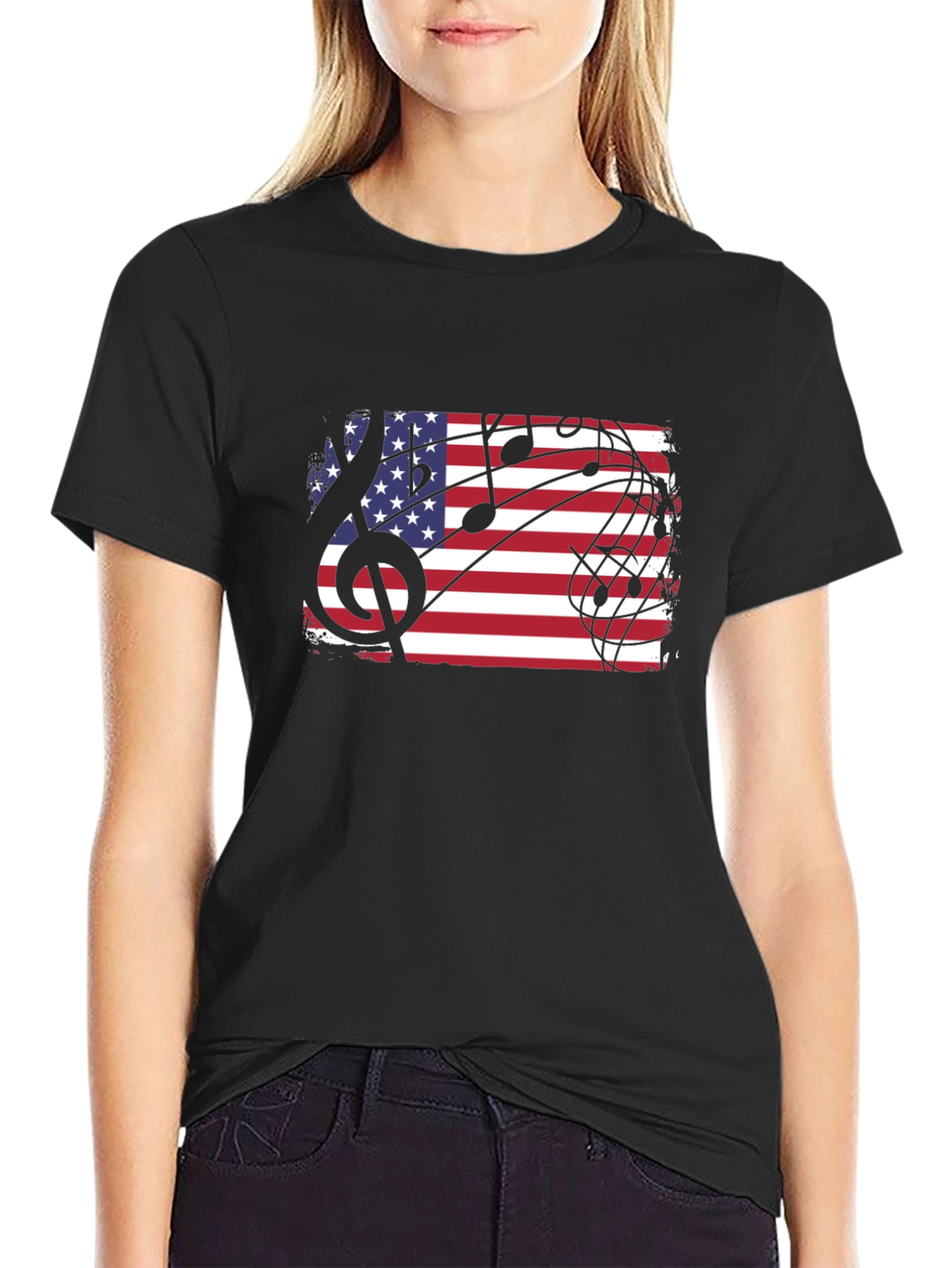 Black American Flag Music Notes Men's Black T-Shirt view 2