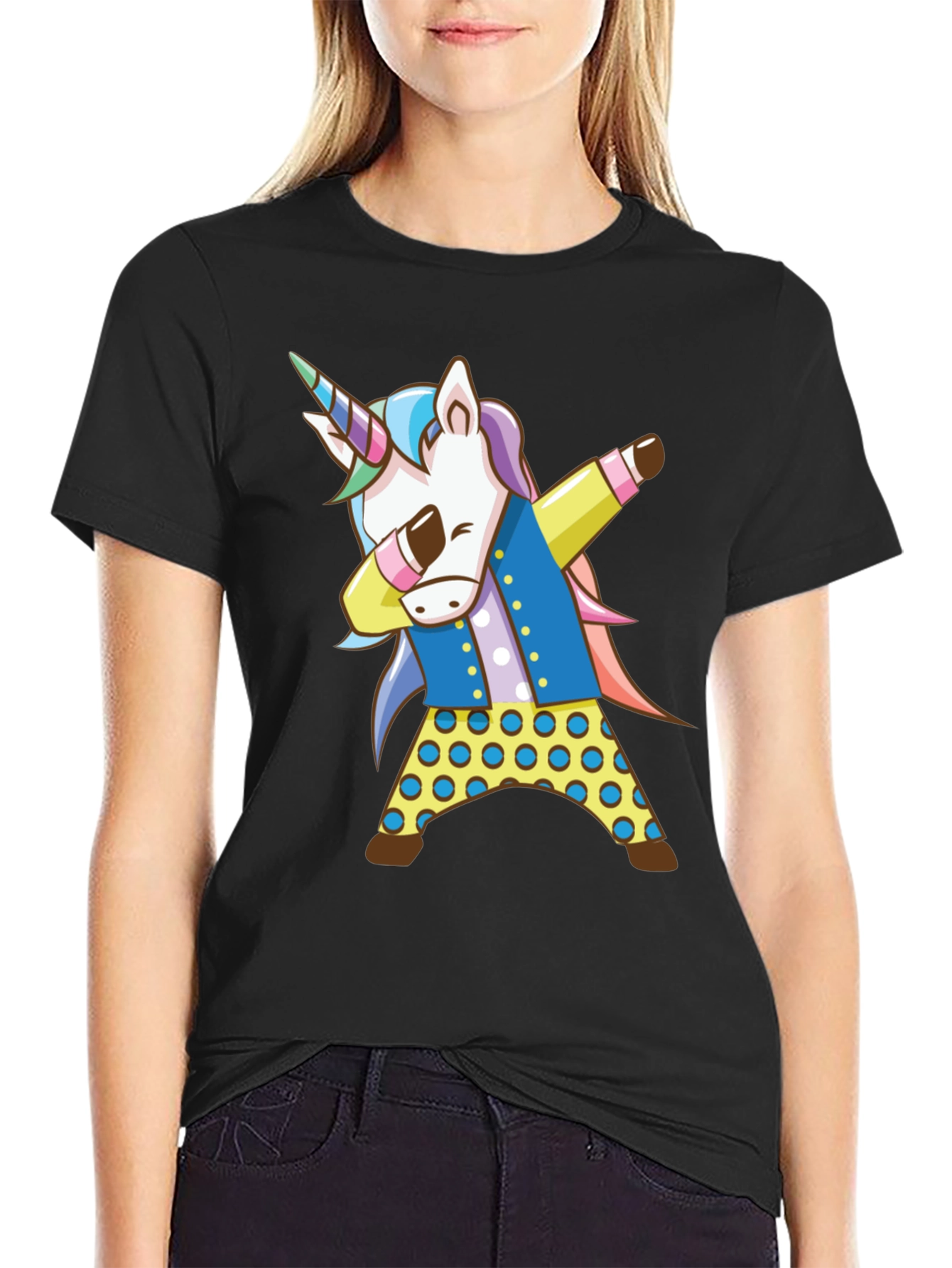 Black Dabbing Unicorn Graphic Tee - Black Cotton Shirt view 2