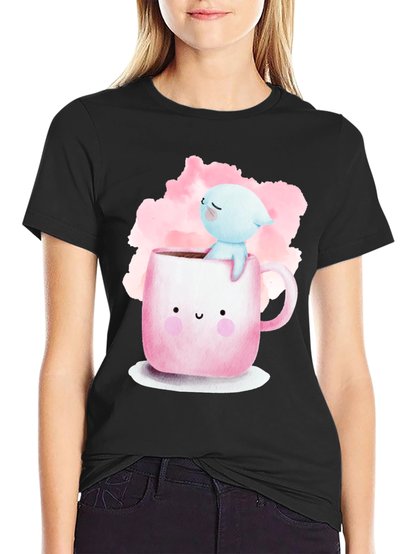 Black Cute Cartoon Cat in Mug Graphic Tee - Black view 2