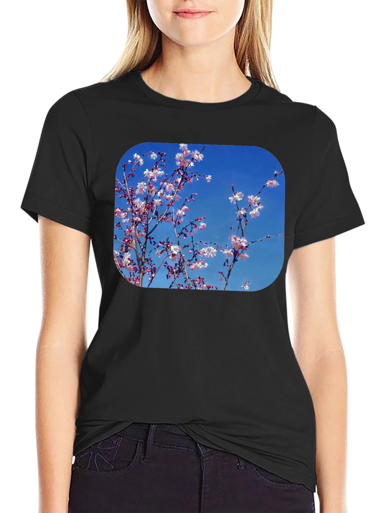 Black Blossom Tee - Black Cotton Blend with Floral Print view 2