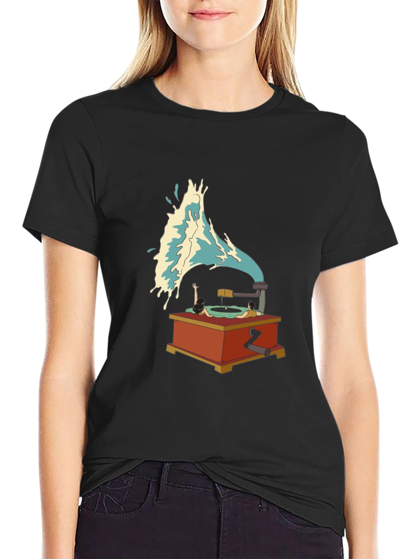 Black Surreal Vinyl Record Player Graphic Tee view 2
