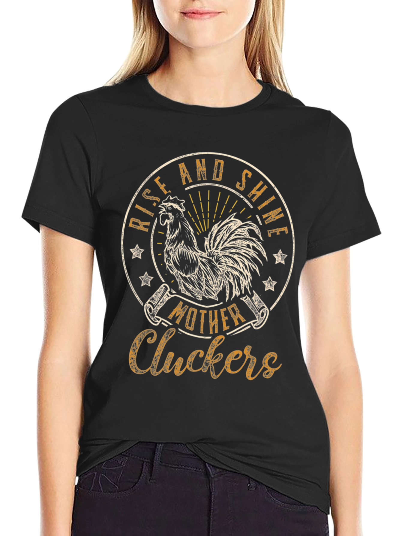 Black Rise and Shine T-Shirt - Mother Cluckers Rooster Tee view 2