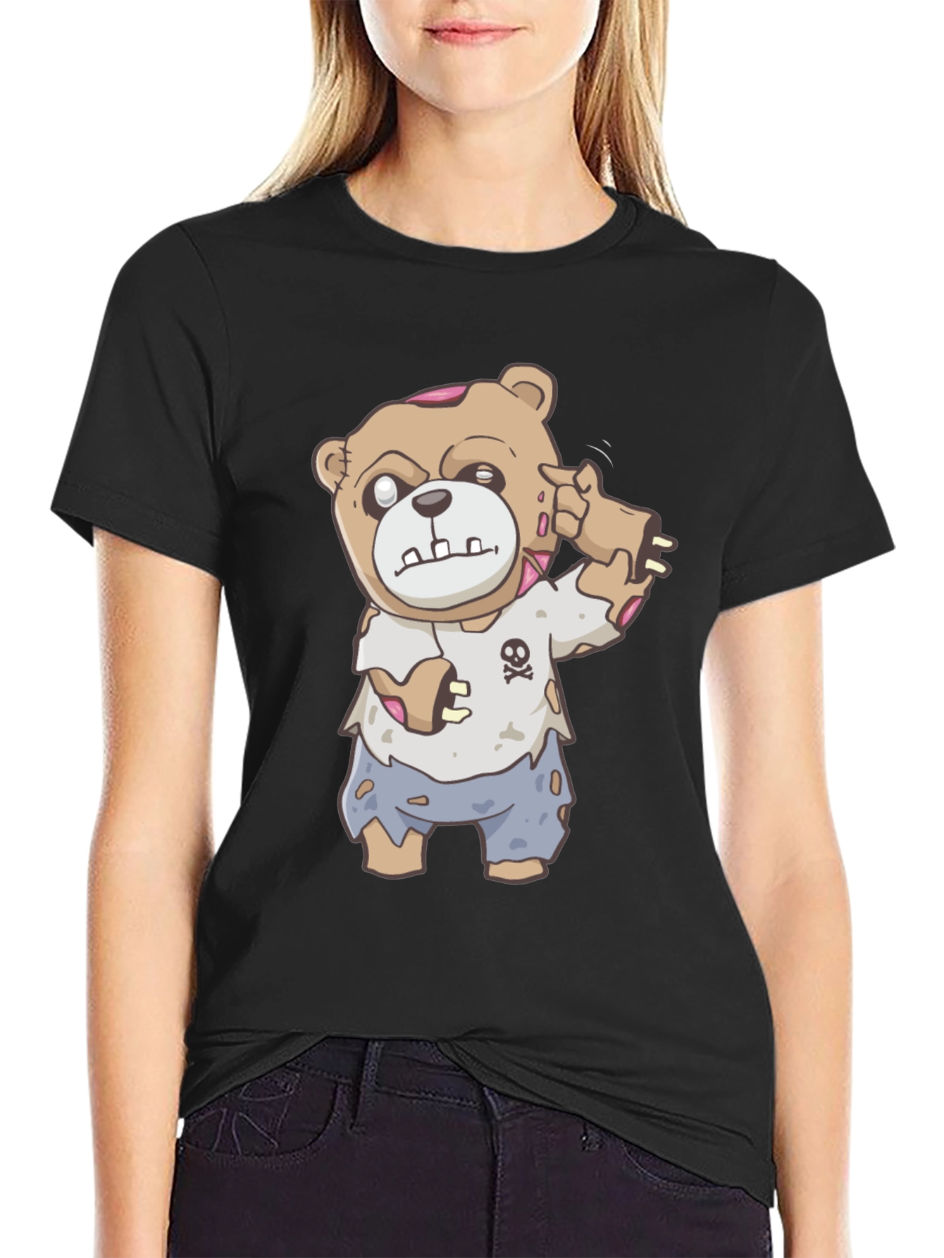 Black Zombie Teddy Bear Graphic T-Shirt - Halloween Style view 2