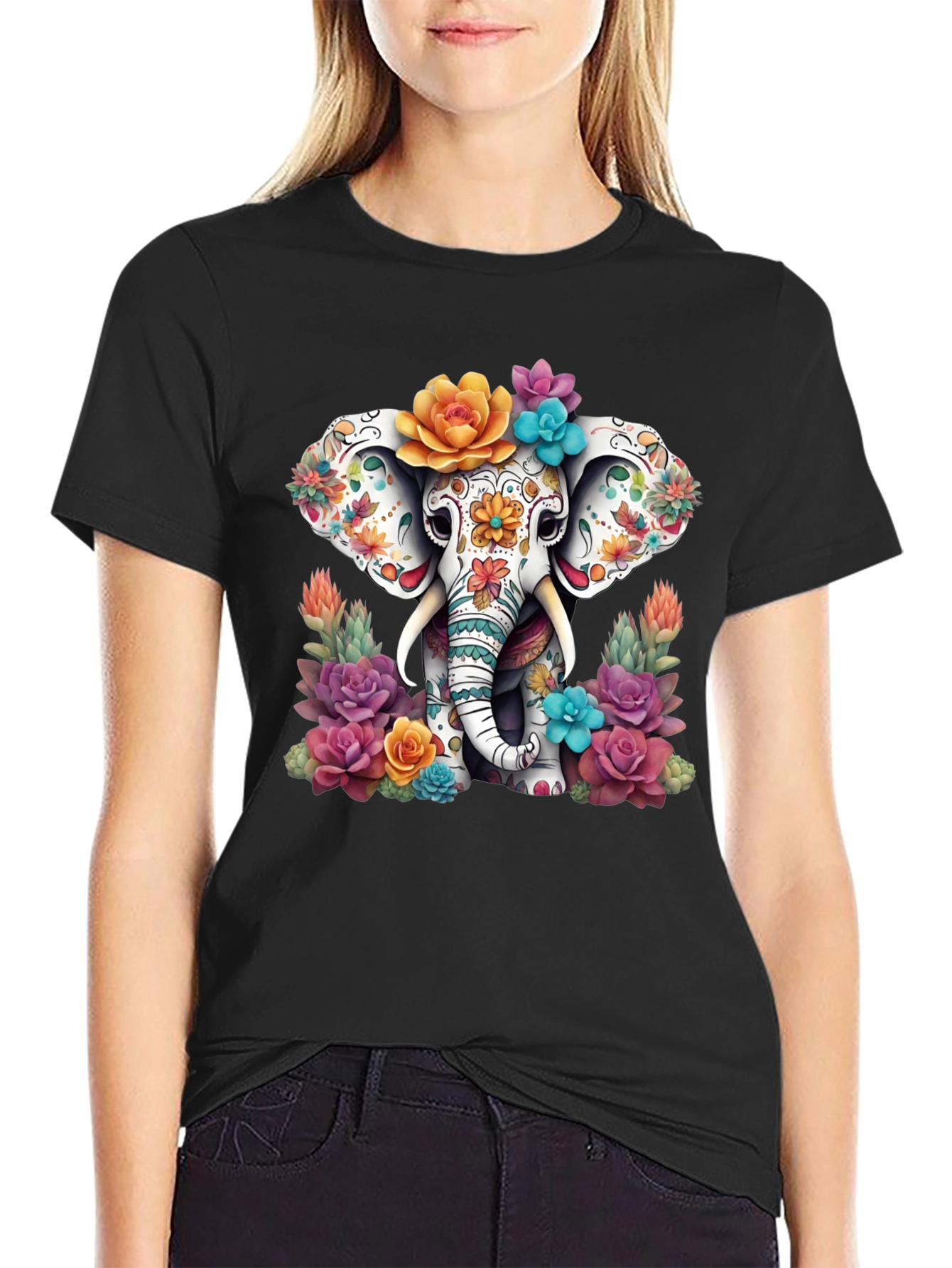 Black Floral Sugar Skull Elephant Graphic Tee view 2