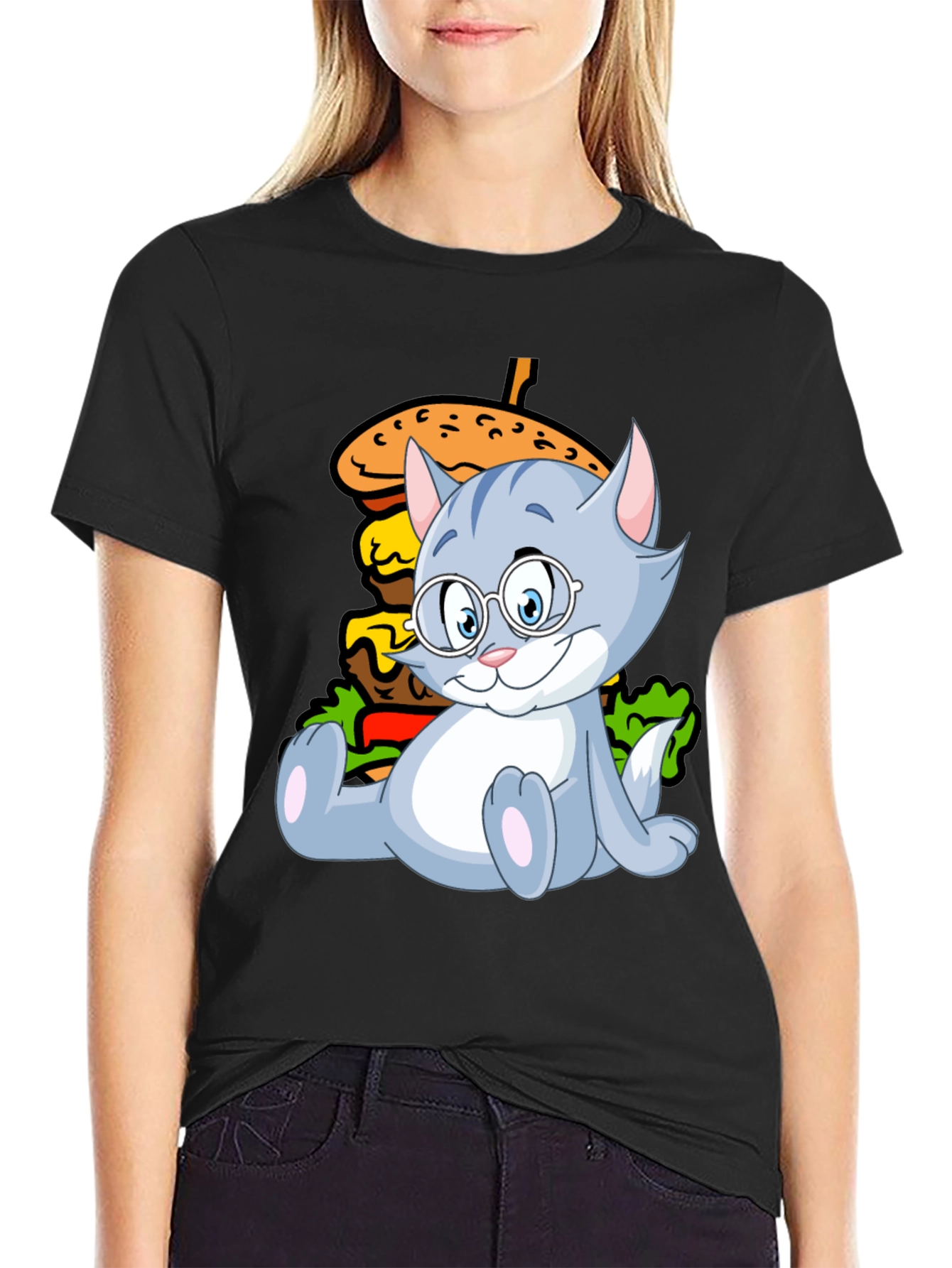 Black Cat and Burger Graphic Black T-Shirt view 2