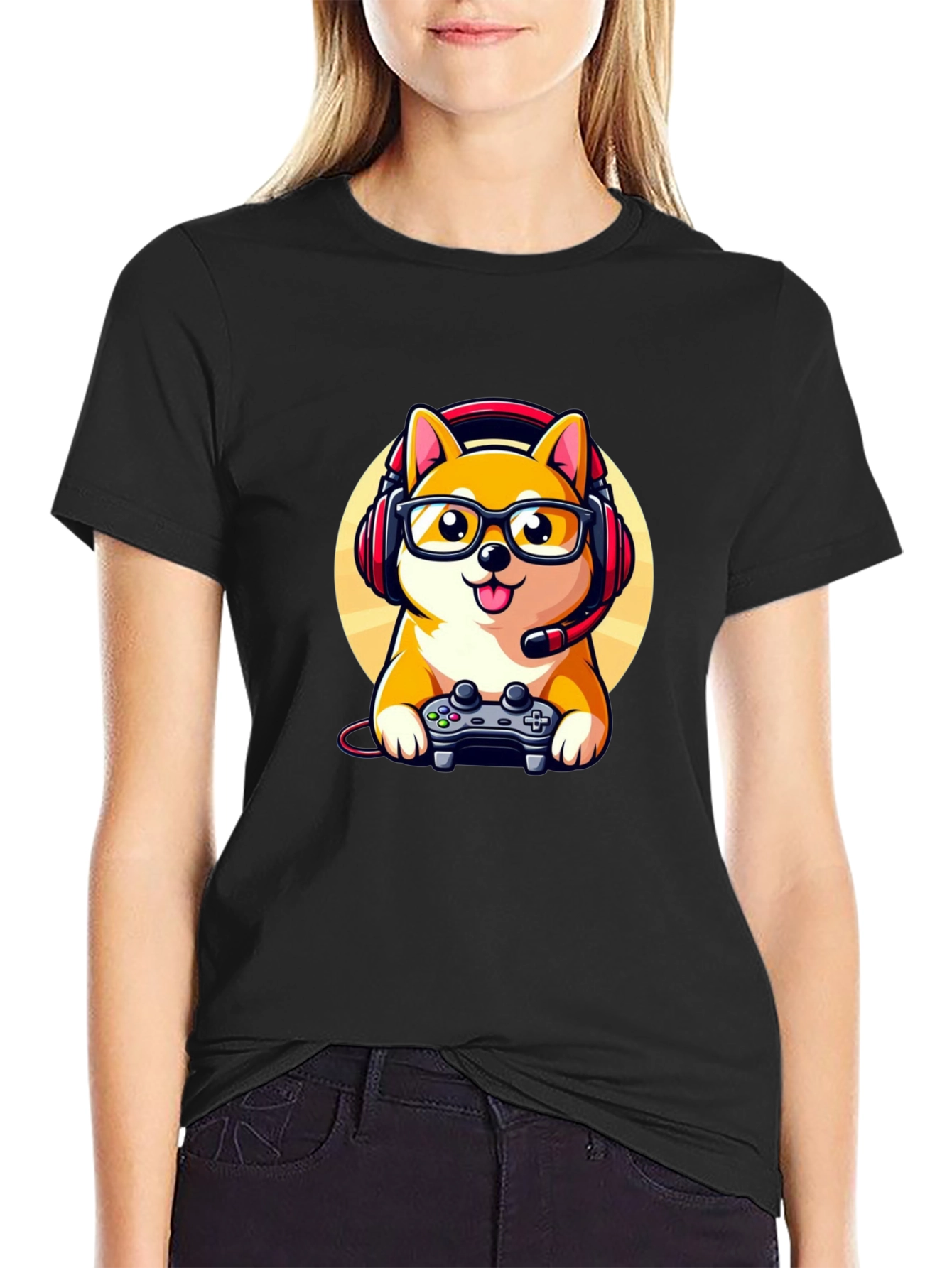 Black Gamer Dog T-Shirt: Shiba Inu with Headset view 2