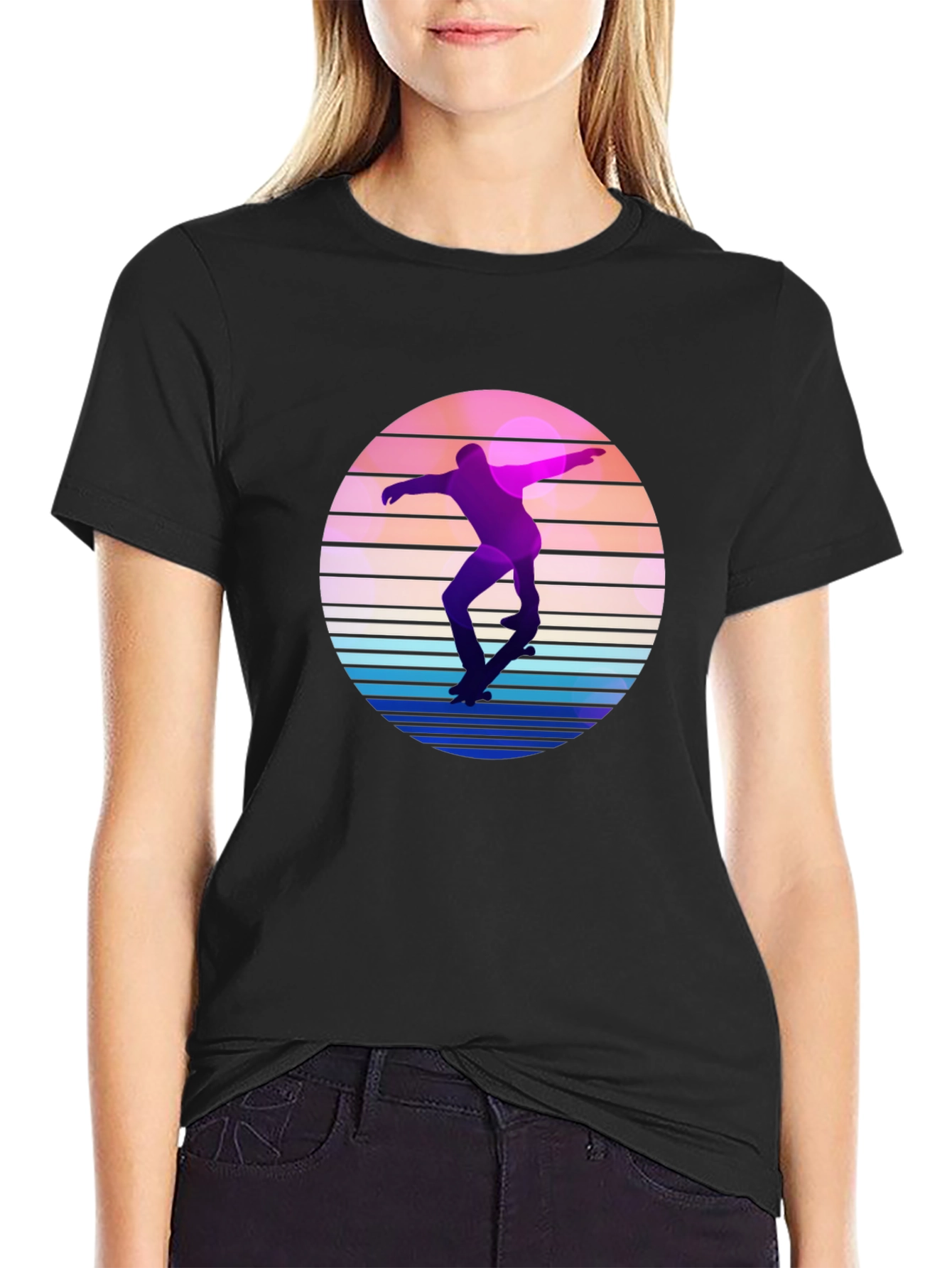 Black Retro Skateboarder Graphic Tee - Cool Sunset Design view 2