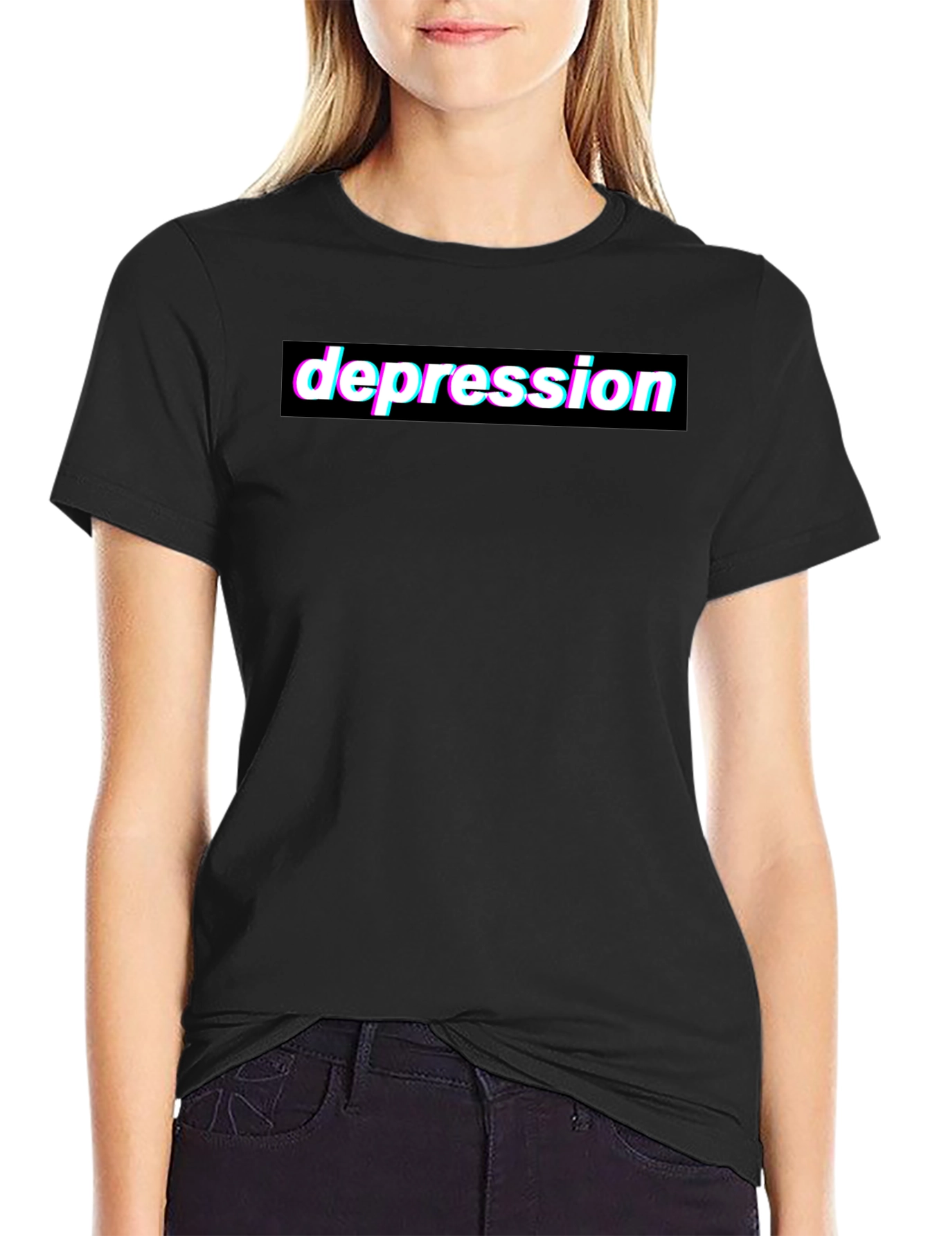 Black Depression Glitchcore Graphic Tee - Black Cotton T-Shirt view 2