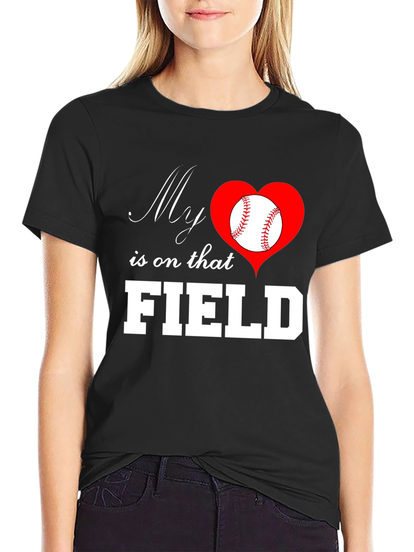 Black Baseball Mom T-Shirt: My Heart is on That Field view 2