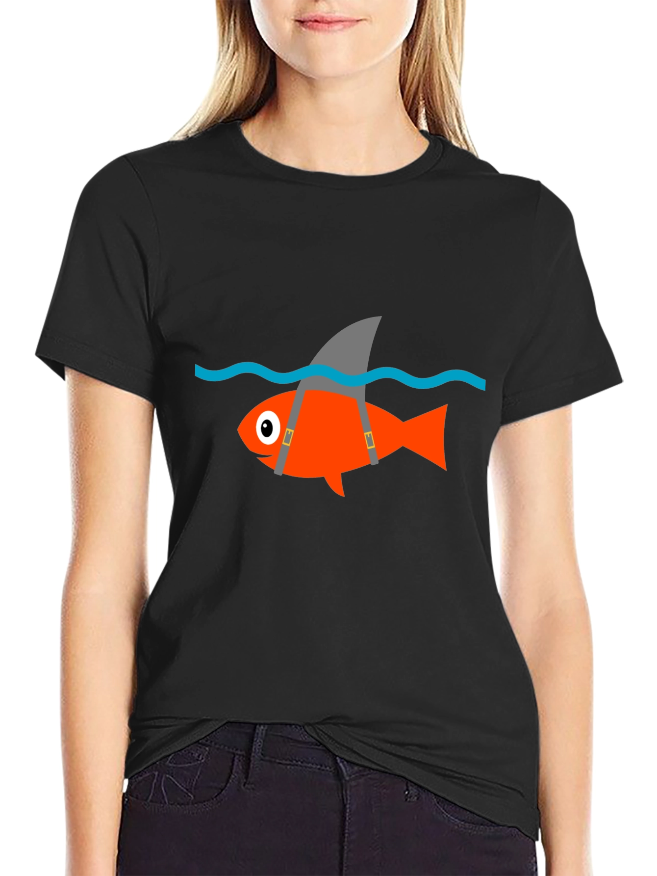 Black Funny Fish Shark Fin T-Shirt - Black Cotton Tee view 2
