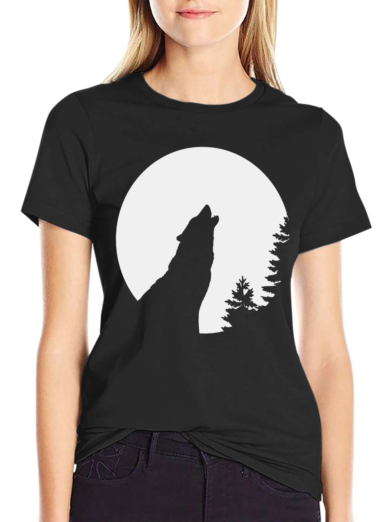Black Wolf Howling at Moon Graphic Tee - Black view 2
